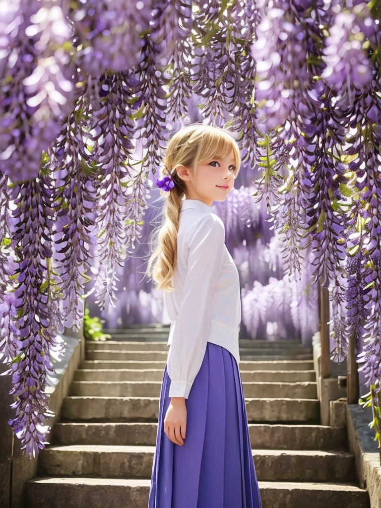 (long descending stairs leading to the sea), Japanese Shinto shrine, scenery, sunlight, wind, horizon in the distance,
1girl, standing, (blue and white Japanese uniform), from back, looking at viewer, medium bob, (Glowing blonde-yellow with hair), shiny wavy hair, blue pupils, Blue eyes, light smile, long hair, twinkle in the eye, small breasts, petals kanzashi, braided bangs, cute, (Wisteria:1.4), Fantastic, falling petals:1.4,