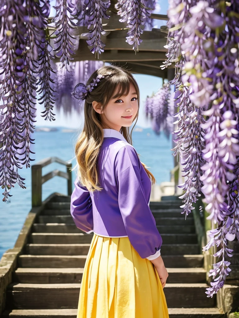 (long descending stairs leading to the sea), Japanese Shinto shrine, scenery, sunlight, wind, horizon in the distance, 
1girl, standing, (blue and white Japanese uniform), from back, looking at viewer, medium bob, (Glowing blonde-yellow with hair), shiny wavy hair, blue pupils, Blue eyes, light smile, long hair, twinkle in the eye, small breasts, petals kanzashi, braided bangs, cute, (Wisteria:1.4), Fantastic, falling petals:1.4, 