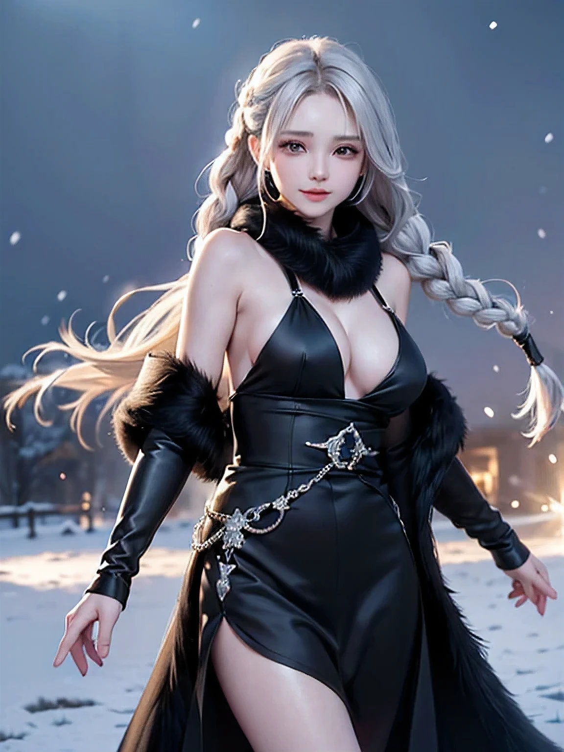 ((masterpiece:1.5、8k、Tabletop、Photorealistic and very detailed CG、Very detailed、Particle Effects、Dynamic Effects、Written boundary depth、Cinematic Light、Lens flare、Ray Tracing、Tabletop、Realistic:1.4、超A high resolution:1.2、Realistic、Realistic))((alone、,A woman wearing a black fur coat over a halter dress:1.4、Wearing a long scarf、Elegant woman posing:、Detailed face、Bright expression、young, Brighter, Whiter skin、Ample breasts、Best Looks、Ultimate beauty、Silver hair with shiny highlights、Bright shiny hair,、Super long, Very long and thick braids、Hair dancing in the wind))(morning、The setting is outdoors in the snow、Surrounded by illuminations)
