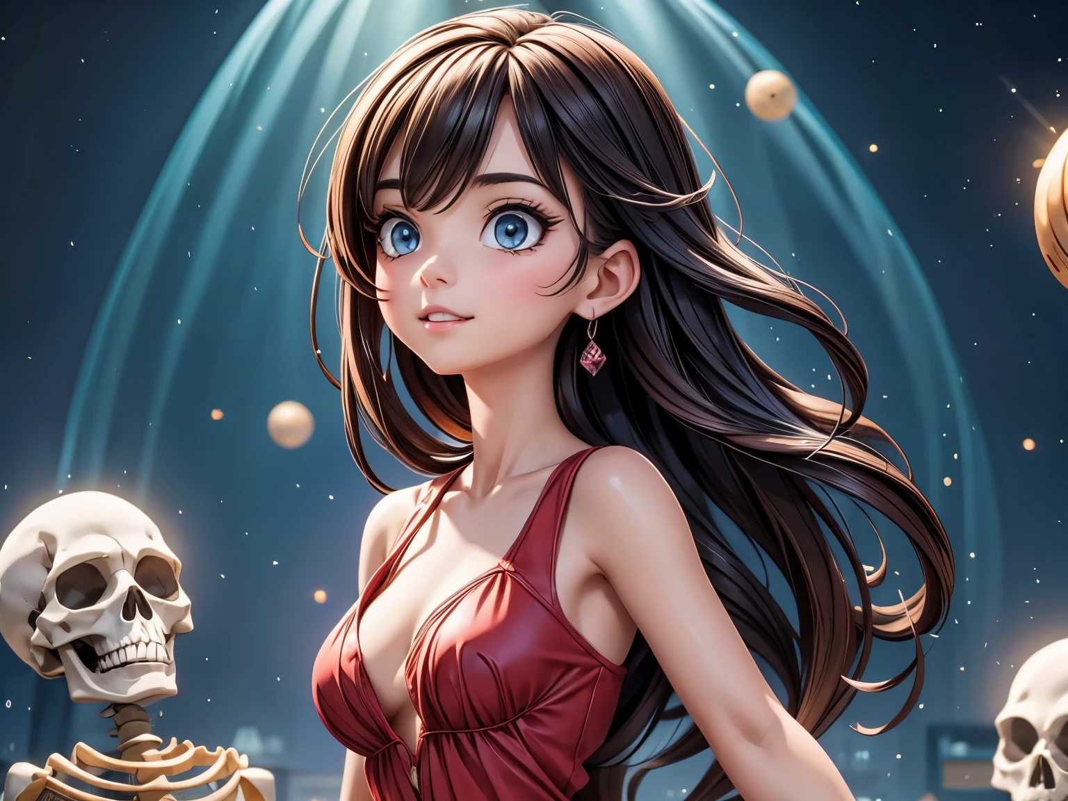 A girl dancing with skeletons,3D rendering, vibrant colors, dynamic action, detailed faces, spooky atmosphere, high-res, detailed skeleton, intense lighting, fantasy style