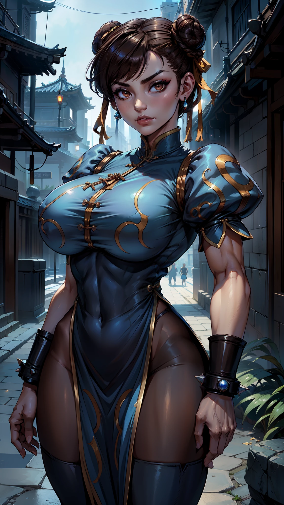 Chun Li,(pelo negro dos trenzado) , Brown eyes,
ropa china, spiked bracelet, pendientes ,( vestido azul chino :1.4)
de pie, parte superior del cuerpo, sonrisa, faja, (pantimedias negra nylons ),
barrio chino, Noche ,
(incredibly detailed, hermoso rostro detallado, hermosos ojos detallados, Obra maestra, mejor calidad),solo, ,(Fondo de ruinas de mazmorra en ruinas:1.4 ), (Obra maestra: 1.4), (8k, realista, foto cruda, La mejor calidad: 1.4),(Chun Li:1.4), (Chu Li V2.1), (dynamic pose), (solo),( alley background big stones Tokyo :1.4),( no mutaciones), (Detalles de la cara: 1.5, (Beautiful brown eyes:1.4) , hermoso rostro, ojos bonitos, revestimiento del iris, labios delgados: 1.5, delgado, pale and sharp eyebrows, Largo, dark eyelashes, double eyelashes), (colores brillantes), cayendo lluvia nublado Noche,