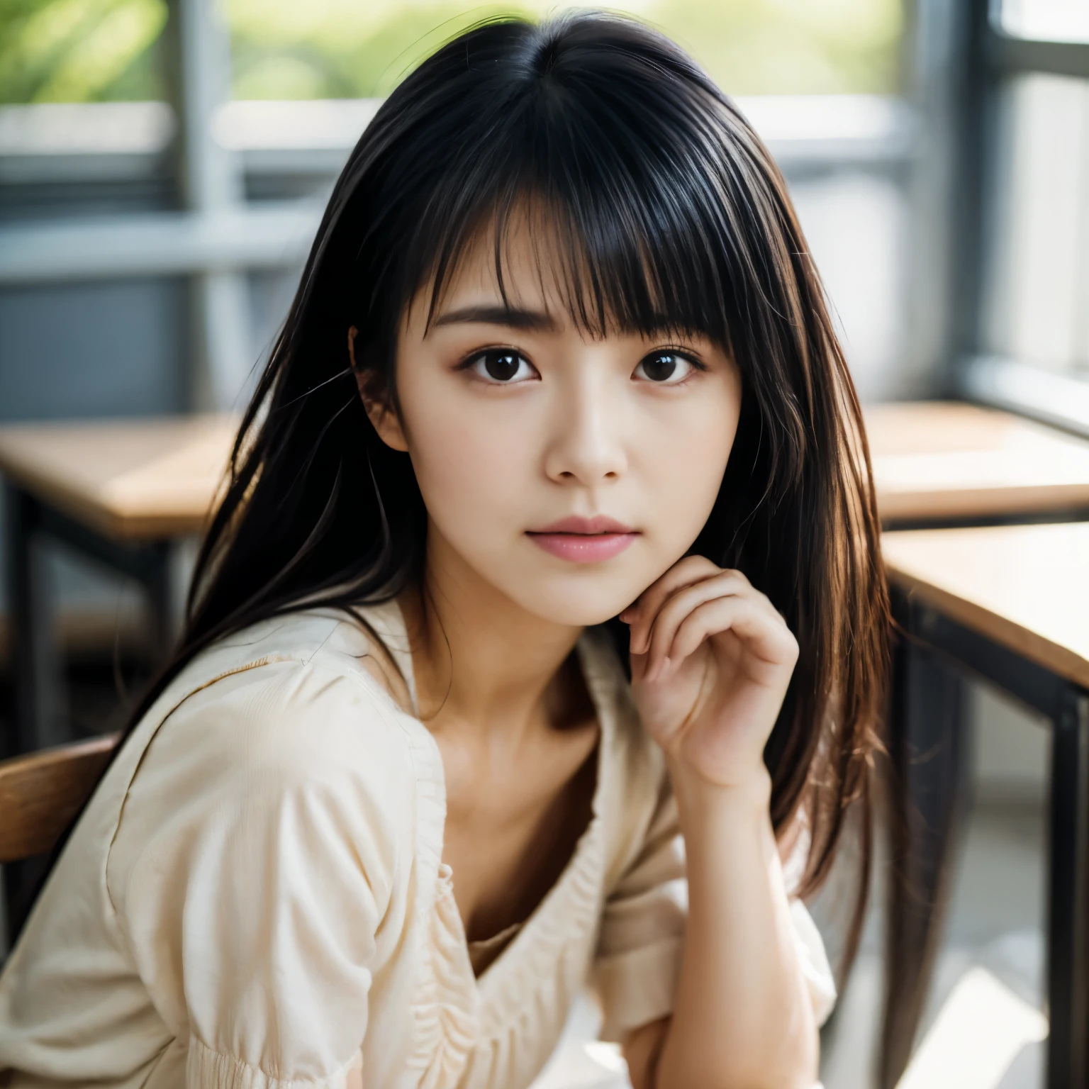 (highest quality,8K quality,masterpiece:1.3),(超A high resolution,Photorealistic:1.4,RAW Photos),(Very detailed,Caustics,Detailed Background),(Ultra-Realistic Capture,Fine and beautiful skin,Perfect Anatomy),Japanese Girl, School classroom,18-year-old,(cute), Idol Style, Black Hair, Mid-length straight tote hair, Female student, ,looking at the camera, Bust up shot,Natural soft light, portrait