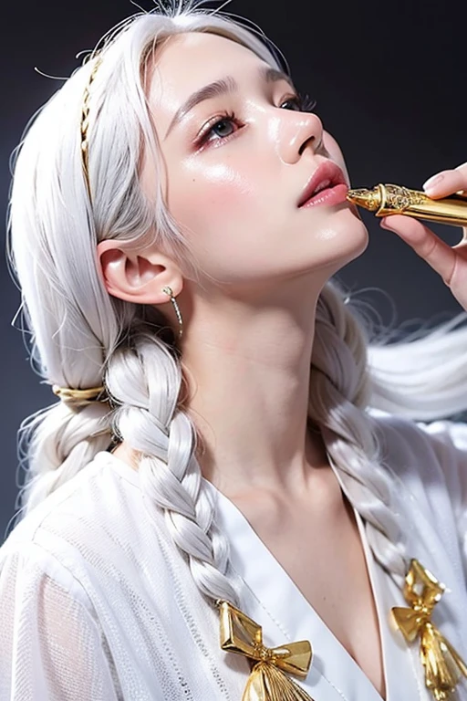 best quality, masterpiece,white hair, gold eyes,white clothes, looking up, upper body,hair strand,Fair skin,side braids