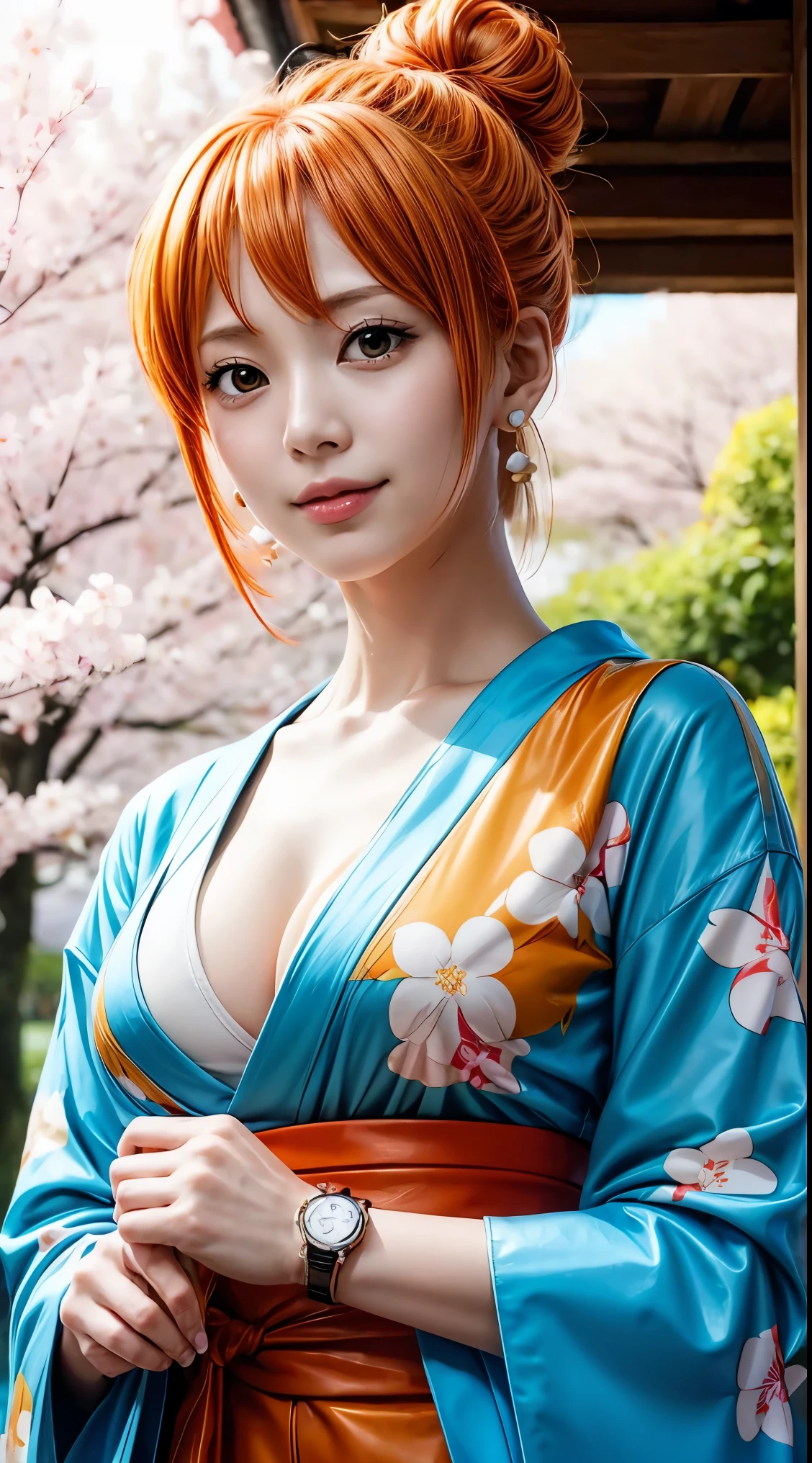 Nami Final, anime『one piece』we, Orange Hair, bangs, Hair Bun, beautiful, beautiful woman, Perfect body, Perfect breasts, wear Kimono, Wear earrings, wearing a watch, at the park, cherry blossoms, Traditional Japanese House, Looking at the audience, smile, realism, masterpiece, Textured Leather, Very detailed, Attention to detail, high quality, 最high quality, 1080p, 16k
