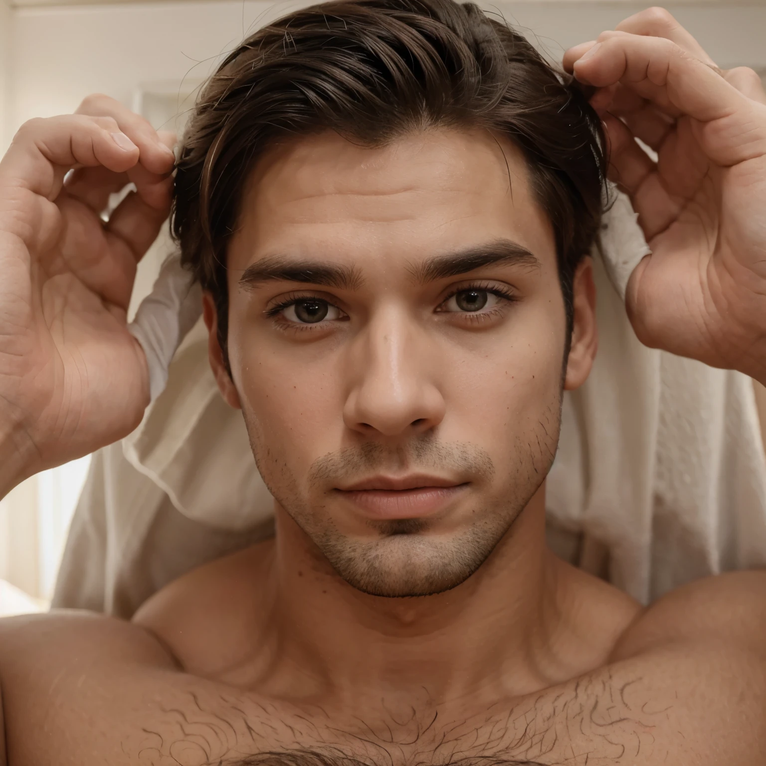 Homem 25 anos alto e magro cabelo castanho com topete olhos castanhos esverdeados