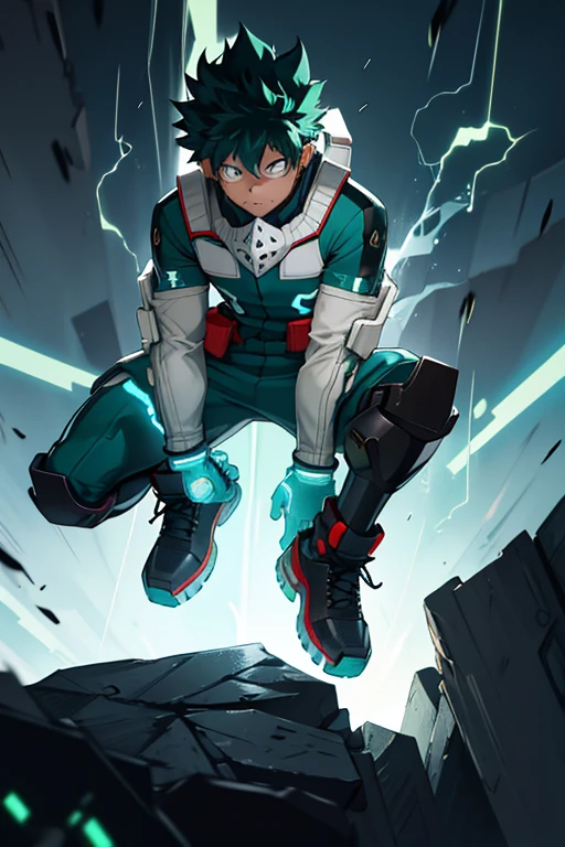 The hero suit for Izuku Midoriya, con poder de electricidad, would be a modern and futuristic design that would capture his ability to control and manipulate electricity. The suit would be primarily green to represent his connection to his previous hero., All Might, y para simbolizar la esperanza y fuerza.

The suit would be made with electricity-resistant materials to protect Izuku from his own electric shocks.. The design would include glowing electrical elements and flashing LED lights to simulate sparks of electricity. Besides, The suit would be equipped with special gloves and boots that would allow it to channel and direct its electrical energy more precisely..

En la parte del pecho del traje, A lightning bolt emblem in the shape of an M would be included to represent his electrical power and his hero name., "Magebolt". It would also have a short white coat.