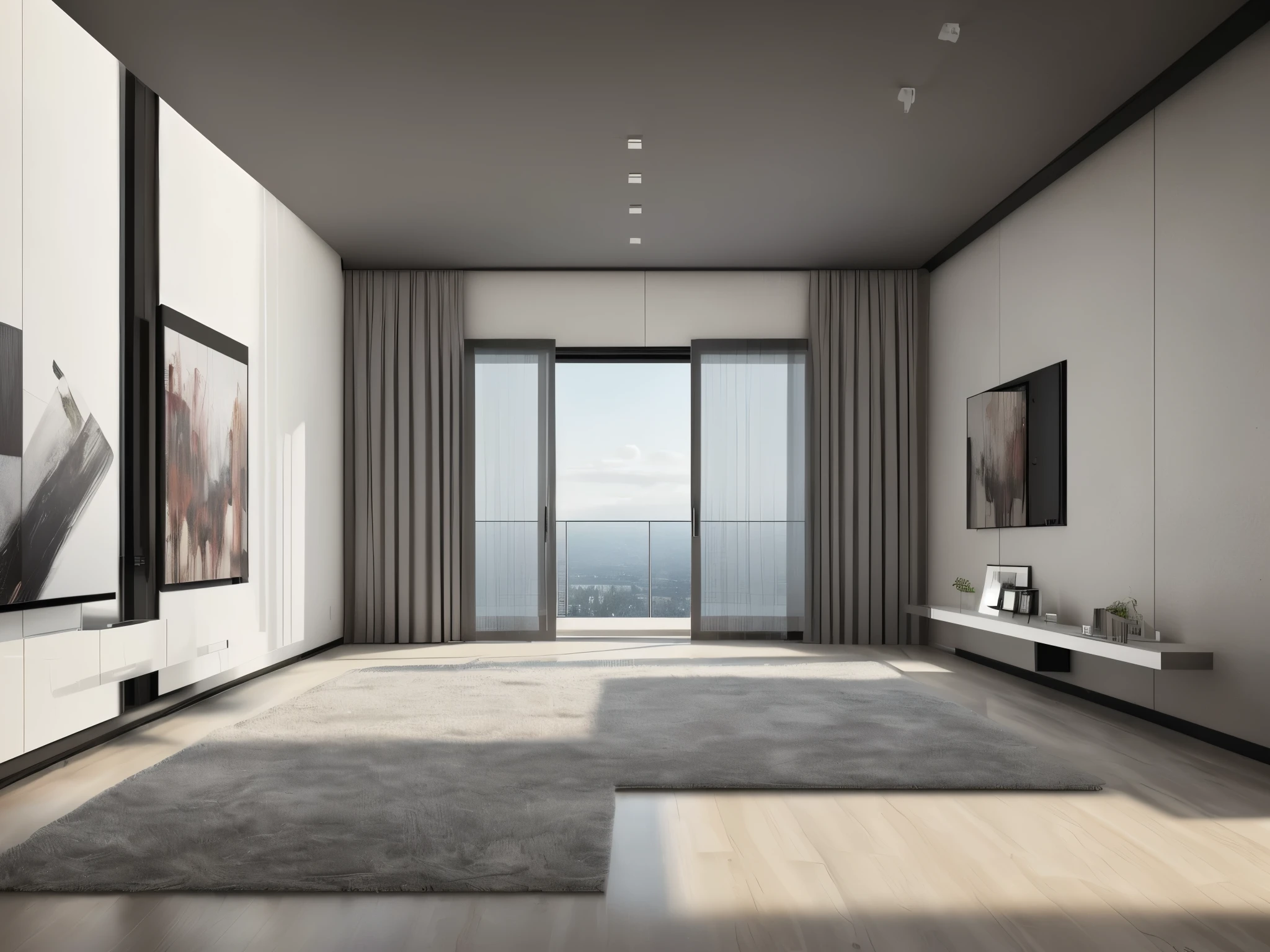 Best quality,masterpiece,Interior design,unmanned,modern style,living room,sofa,coffee table,window,curtain,Wall mounted TV,Marble Porcelain Makeup,Hanging paintings,daytime,Sunlight