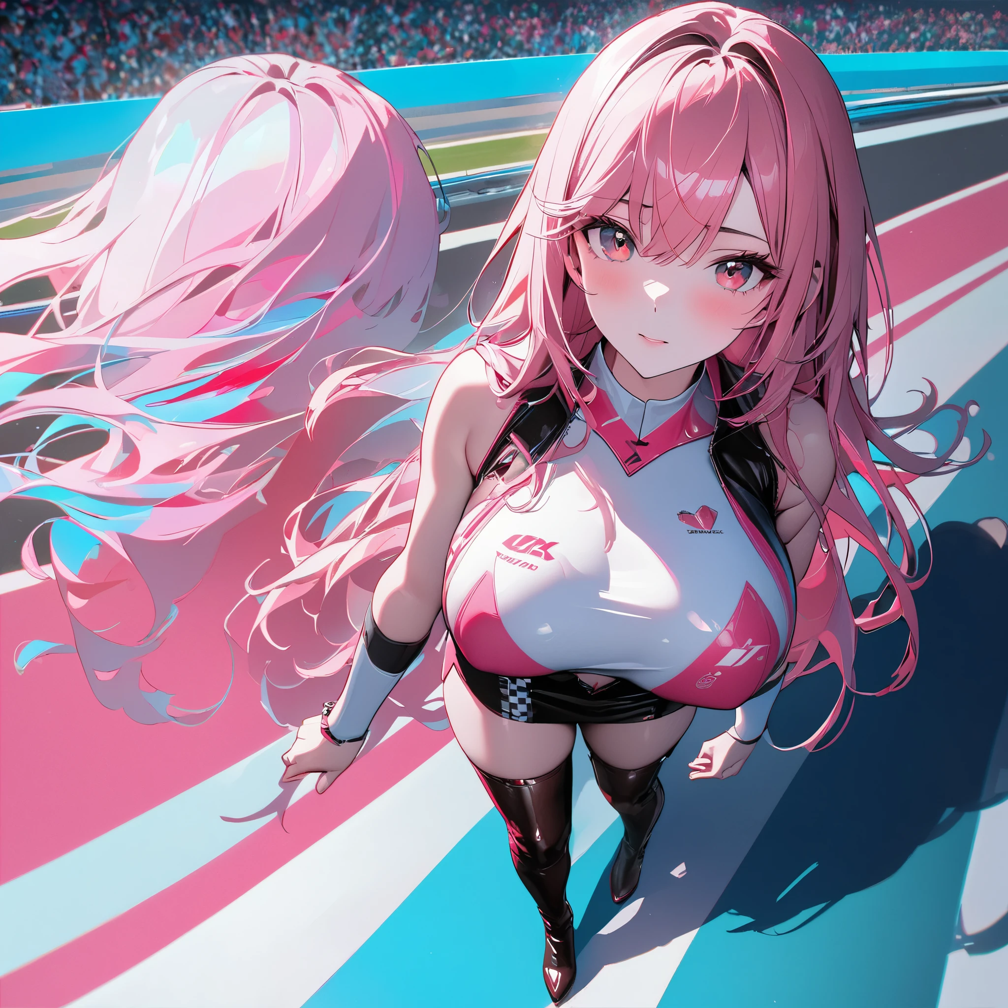 A woman wearing a pink and black racing queen outfit, big breasts, leather stockings, leather boots, walking on the promenade of the race track, daytime venue, race cars in the background, hot pink hair with long silver strands, hair down, surrealism, drop shadow, anaglyph, stereogram, tachi-e, pov, atmospheric perspective, surrealism, flower, 8k, super detail, accurate, best quality, UHD, anatomically correct, textured skin, high quality,
