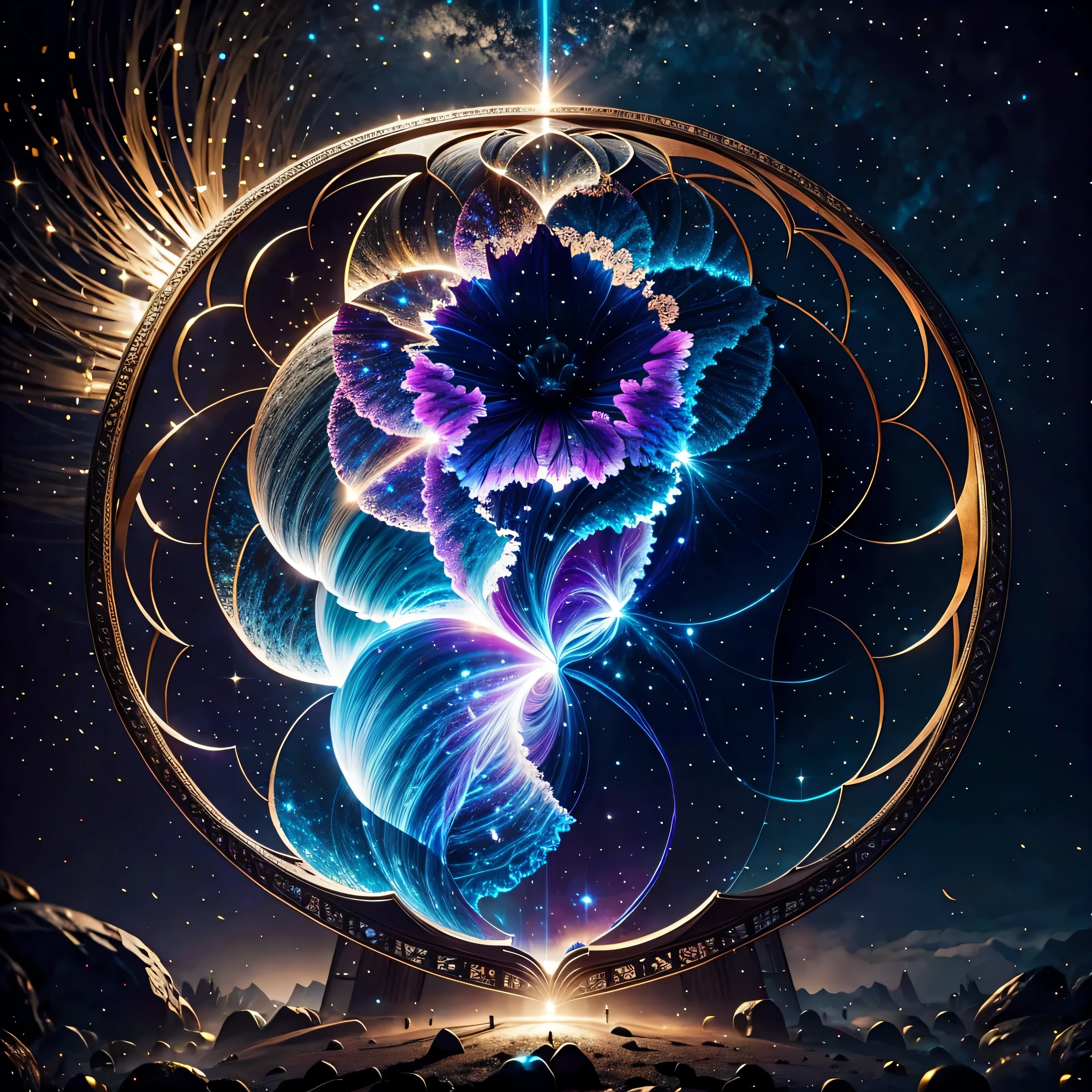 Highest image quality, ultra high definition, masterpiece, flower of life in a void, Enlightenment,Bioluminescence glowing all around the picture, light and shadow, particle light, particle special effects, Bioluminescence, beautiful romance, beautiful, dream highest quality, love of life, sacred geometry, ultra high definition, masterpiece, exquisite CG, exquisite details, rich picture layers, beautiful, perfect details, best quality, highest image quality, high resolution, high definition, 16k, 8k, UHD, HDR, HD,--v5,--ar