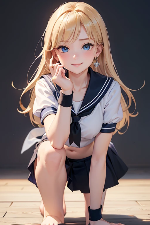 Very detailed CG Unity 8K wallpaper, Cute One lady, Mature Hair、lady ,beautiful lady, pale skin (Super masterpiece, Beautiful person, well detailed face polluted smile, Photorealistic, hyper realisitic), Perfect hands、Five fingers、Perfect hands、Perfect legs、Perfect toes、
((20year old、Sailor suit with very short sleeves、Black Sports Bra、Blue short skirt、Best Bust、Bust 99、a blond、Long Hair、Blue eyes、open chest wide、Happiness、Black wristband on wrist、A slender、Shy face、earrings、all fours pose,Get closer to your audience、The gesture of pulling up the hair))、(smile:1.3)、
hiquality、visualart、Romance movie style、
(After-school classroom))、