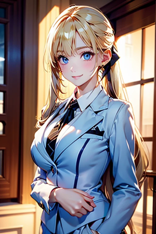 Portrait、、Bright expression、ponytail、Young, shiny, white, glossy skin、Gloss Face、Shining Cheek Gloss、Small Face Beauty、The best beauty、The dazzling light of blonde hair、Bright blonde hair with dazzling highlights、Very beautiful shiny light blonde hair、super long silky straight hair、Her shiny, beautiful bangs are covering her eyes.、Sparkling, clear, attractive, bright, large, pale blue eyes、Very big eyes、eyeliner、very beautiful lovely cute 16 year old girl、Ample Bust, full body , smile , (((business suits ))) , 