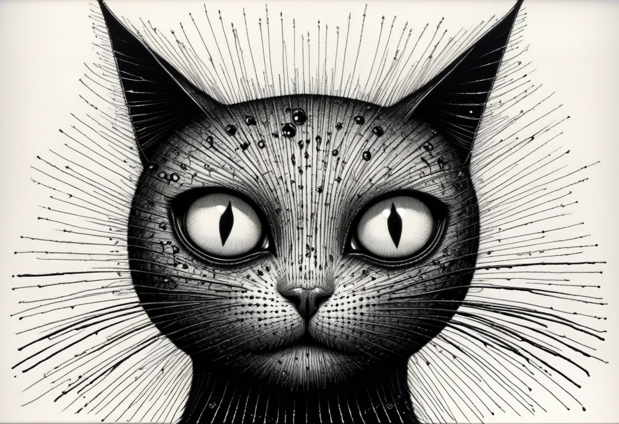 A black cat as drawn by Junji Ito, black and white, eery, gothic, high quality 