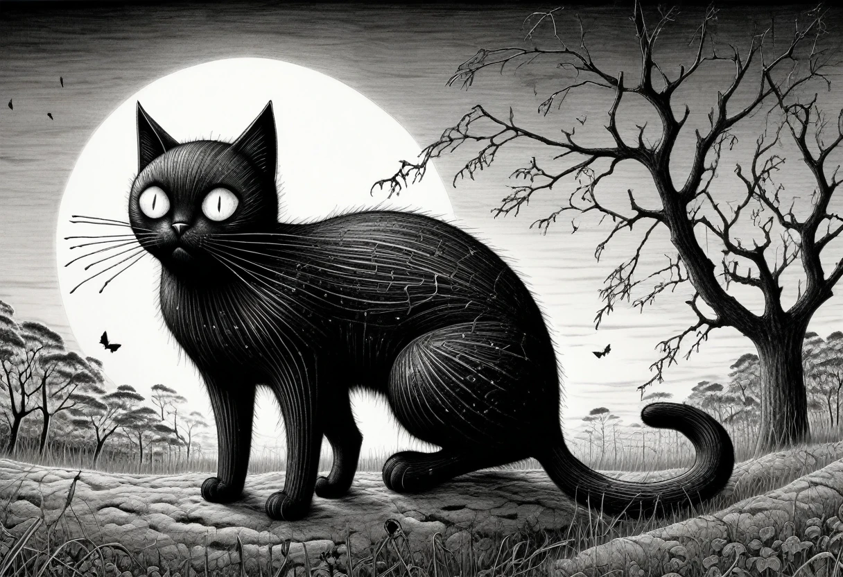 A black cat as drawn by Junji Ito, black and white, eery, gothic, high quality 