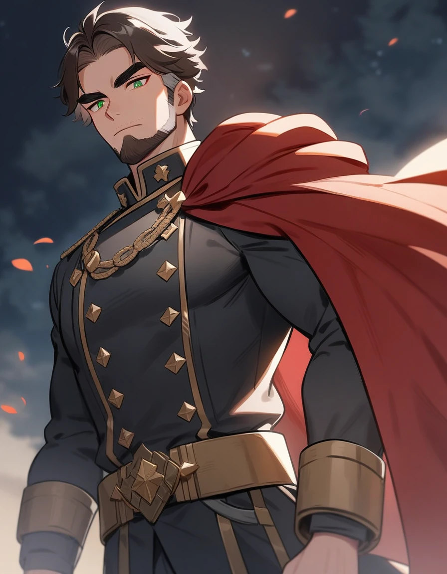 1man, derpixon, fandeltales, parted bangs, short gray hair, silver colored tips two-tone hair, multicolored dark brown hair, solo, thick eyebrow, masculine handsome prince, beard, green eyes, black pupils, lens eye, dark-blue military uniform, red cape, standing, in cartoon style, masterpiece, best quality