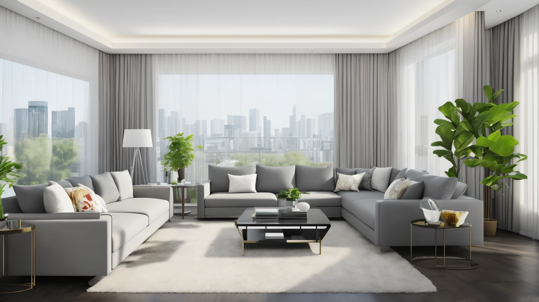 Best quality,masterpiece,Interior design,unmanned,modern style,living room,Advanced Plants,curtain,sofa,coffee table,daytime,Sunlight