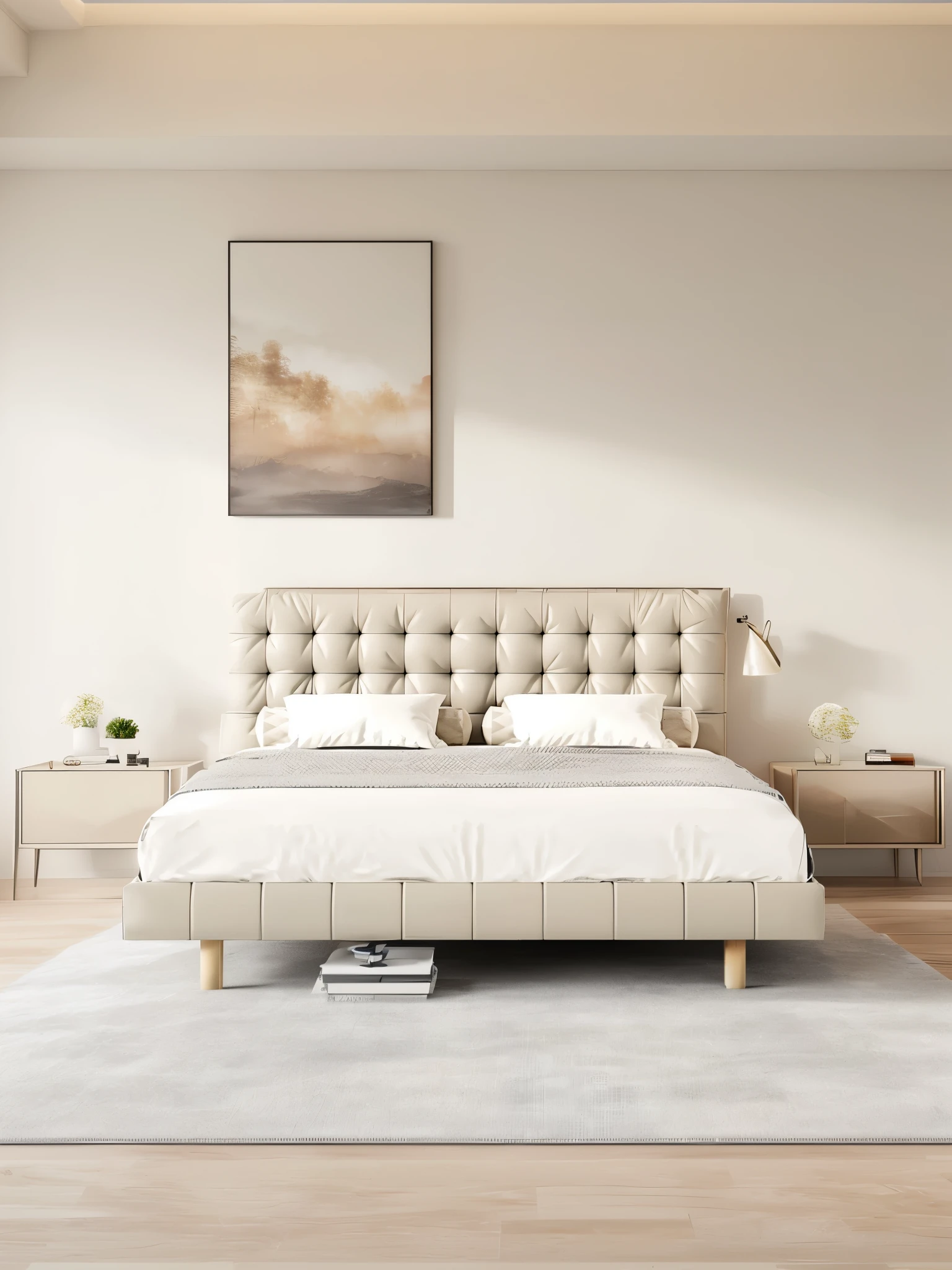 Arafad bedroom with bed, A mirror，bedroom, High-quality rendering, Modern and simple, Elegant and sophisticated, 宁静的bedroom环境, Simple and beautiful, vray 8k rendering, Corona Rendering, Clean lines, 在bedroom里, elegant render, very realistic render, High quality 3D rendering