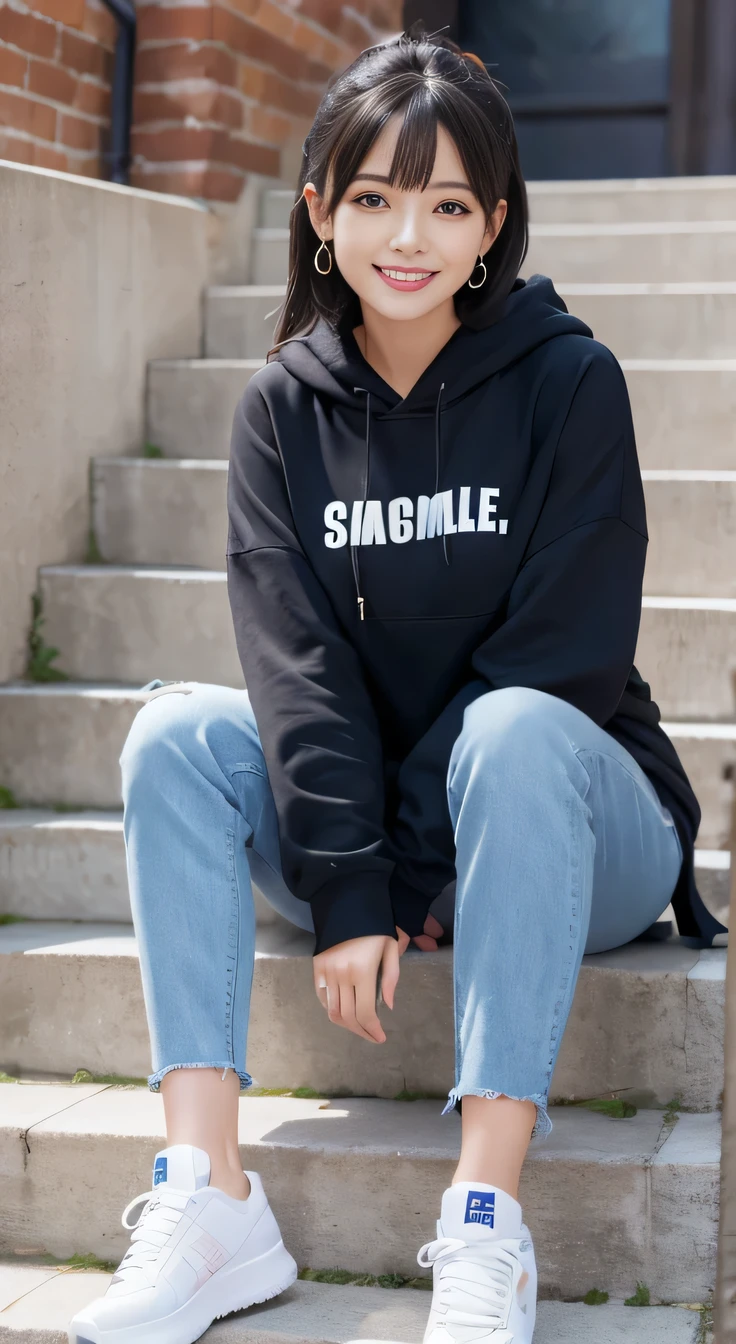 highest quality, Realistic, Very detailed, Finer details, High resolution, 8k wallpaper, One beautiful woman,Sit on the stairs、smile、(Colorful socks)、 Oversized hoodie, Skinny jeans,( Black sneakers)、Black Hair、 Beautiful Bangs、ear piercing、Perfect dynamic composition, Beautiful and detailed, Full Body Shot, A big smile waiting to start