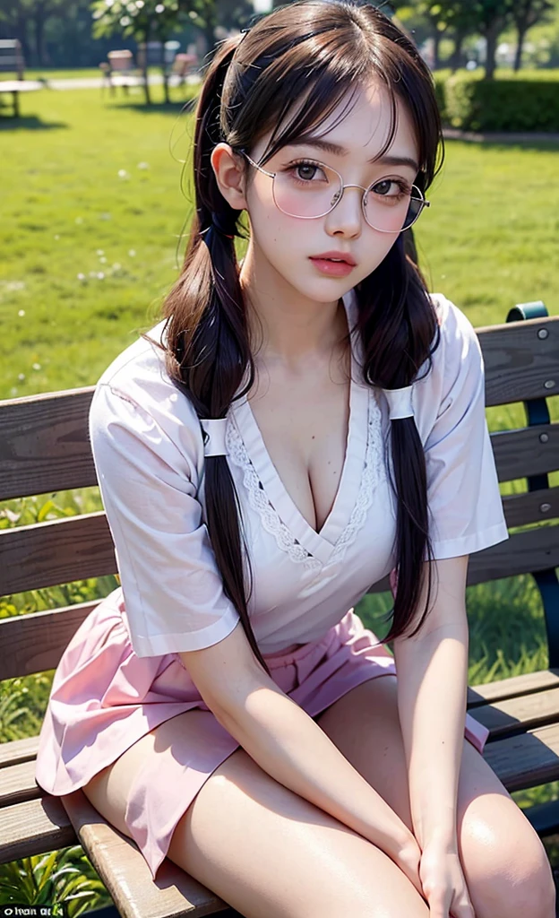 Masterpiece, perfect facial features, highly detailed face, highly detailed, 1 gir solo, 20 years old woman, shy, pink blushes, eye glasses, top view shots, against the garden's park, sunset, dark skies, sitting on bench, twintails hair, hair bangs, white short sleeve, cleavage, mini skirt, thighs, knees,