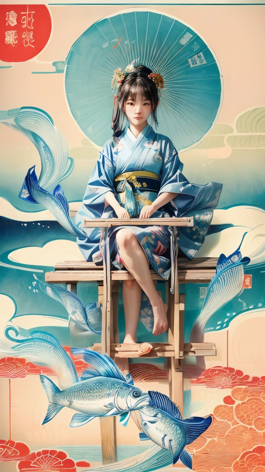 Close-up of a female Japanese ager sitting on a bench holding a fish, by Qiu Ying, Japanese art style, In the Ukiyo-e art style, Written by Ku Lei Lei, Japanese painting, James Jean and Urop, by Tosa Mitsuoki, Written by Li Song, Japanese Goddess, By Chen Jill, Ukiyo-e style, by Li Zai、A woman wearing a sky blue and yellow yukata、Fascinating、There are fish and shrimp at the bottom of the screen。White cloud、There is smoke like a Karman vortex。