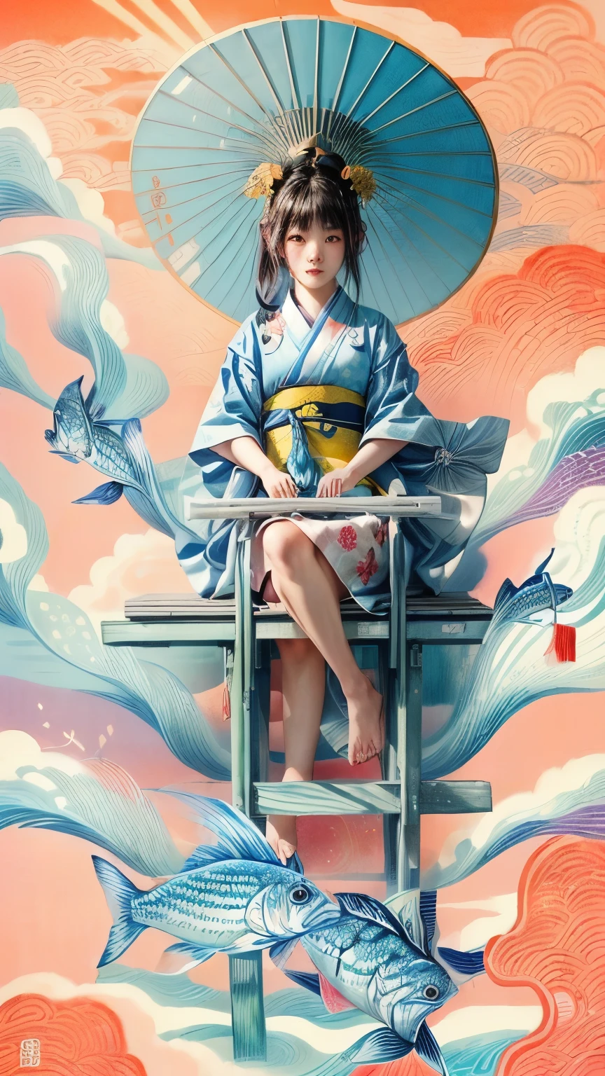 Close-up of a female Japanese teenager sitting on a bench holding a fish, by Qiu Ying, Japanese art style, In the Ukiyo-e art style, Written by Ku Lei Lei, Japanese painting, James Jean and Urop, by Tosa Mitsuoki, Written by Li Song, Japanese Goddess, By Chen Jill, Ukiyo-e style, by Li Zai、A woman wearing a sky blue and yellow yukata、Fascinating、There are fish and shrimp at the bottom of the screen。White cloud、There is smoke like a Karman vortex。