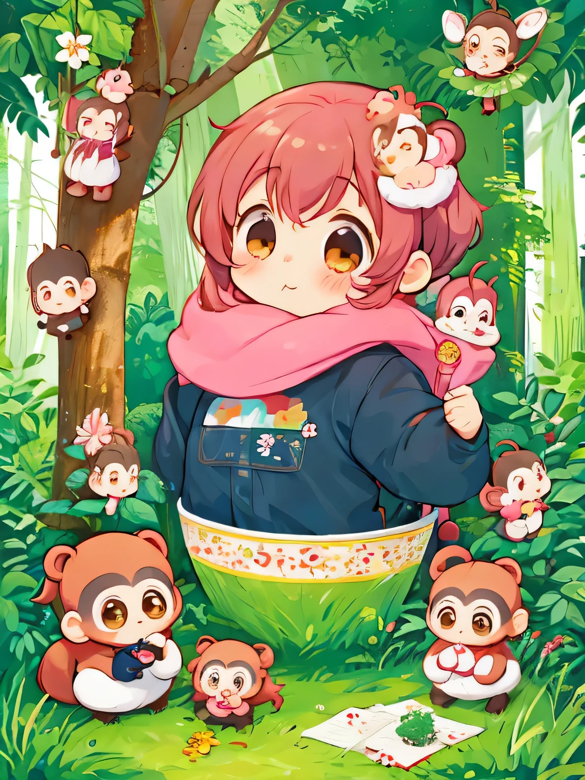 Momoko Sakura style, Kawaii Design, Chibi girl monkey, monkey Forest