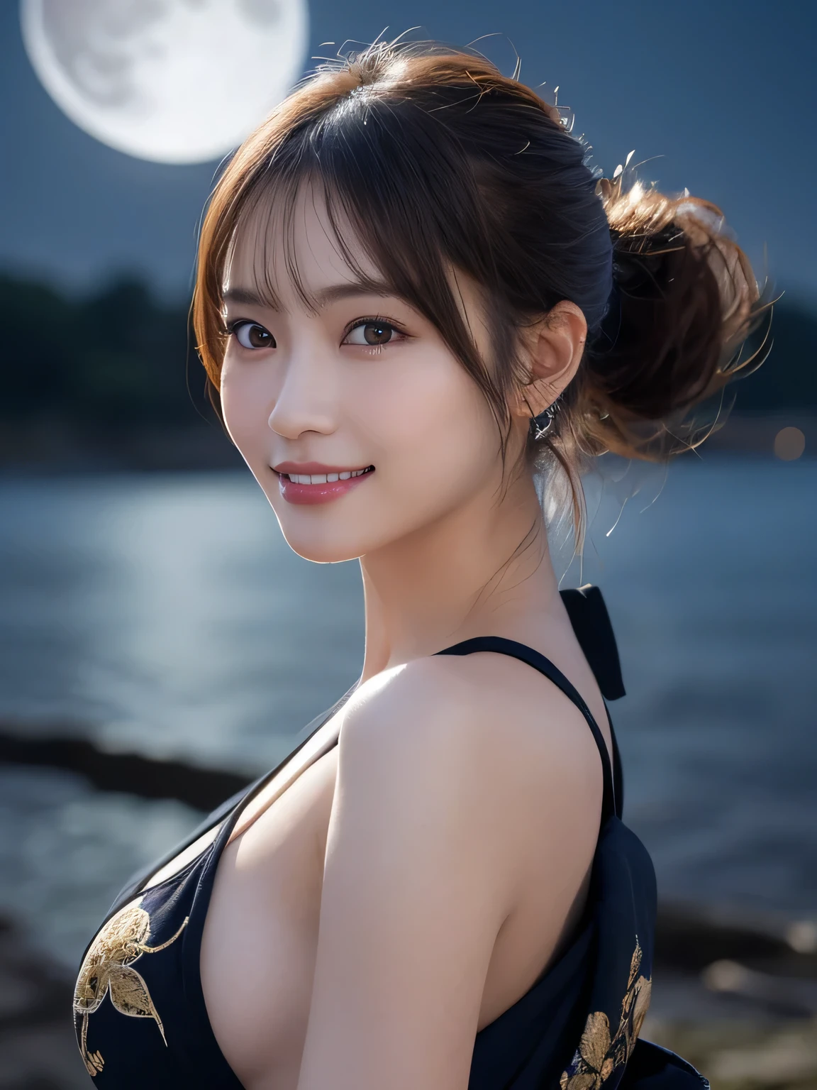 Kimono beauty, body portrait, 8K, thin and beautiful eyes, Dindal effect, masterpiece, top quality, high quality, high resolution, very detailed photo, (natural skin texture, fine skin, hyperrealism, super sharpness) , high detail skin, (very fine, fine skin texture, intricate details, ponytail, beautiful face, (real-like face), realistic eyes, beautifully detailed eyes, realistic skin, beautiful skin, hyper reality target, highly detailed, golden ratio, smiling eyes, ((night moonlight background) )), body portrait, G cup, big breasts, huge breasts, big breasts, glamorous,