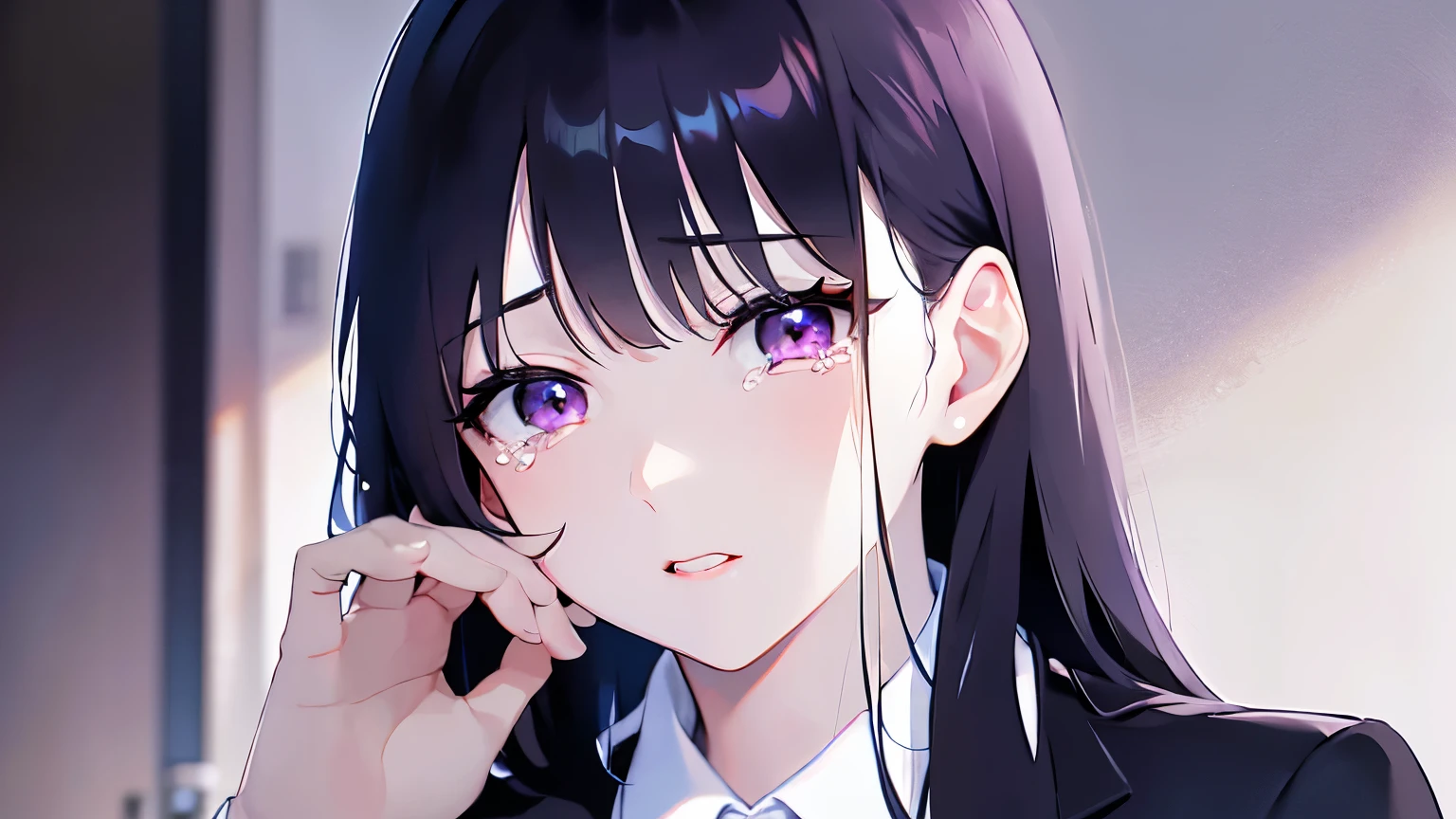 Placing hand on face、Biologically correct five fingers、Real person, (Pale skin: 1.2), RAW Photos, Realistic, Portrait Photography, Shiny skin, Shiny Hair、(A 25-year-old woman with straight hair and bangs) and (medium hair) and (black hair) and (purple eyes) , (business suit:1.8) and(White collared shirt), sad, (tears:1.3), hotel、Sitting in a chair