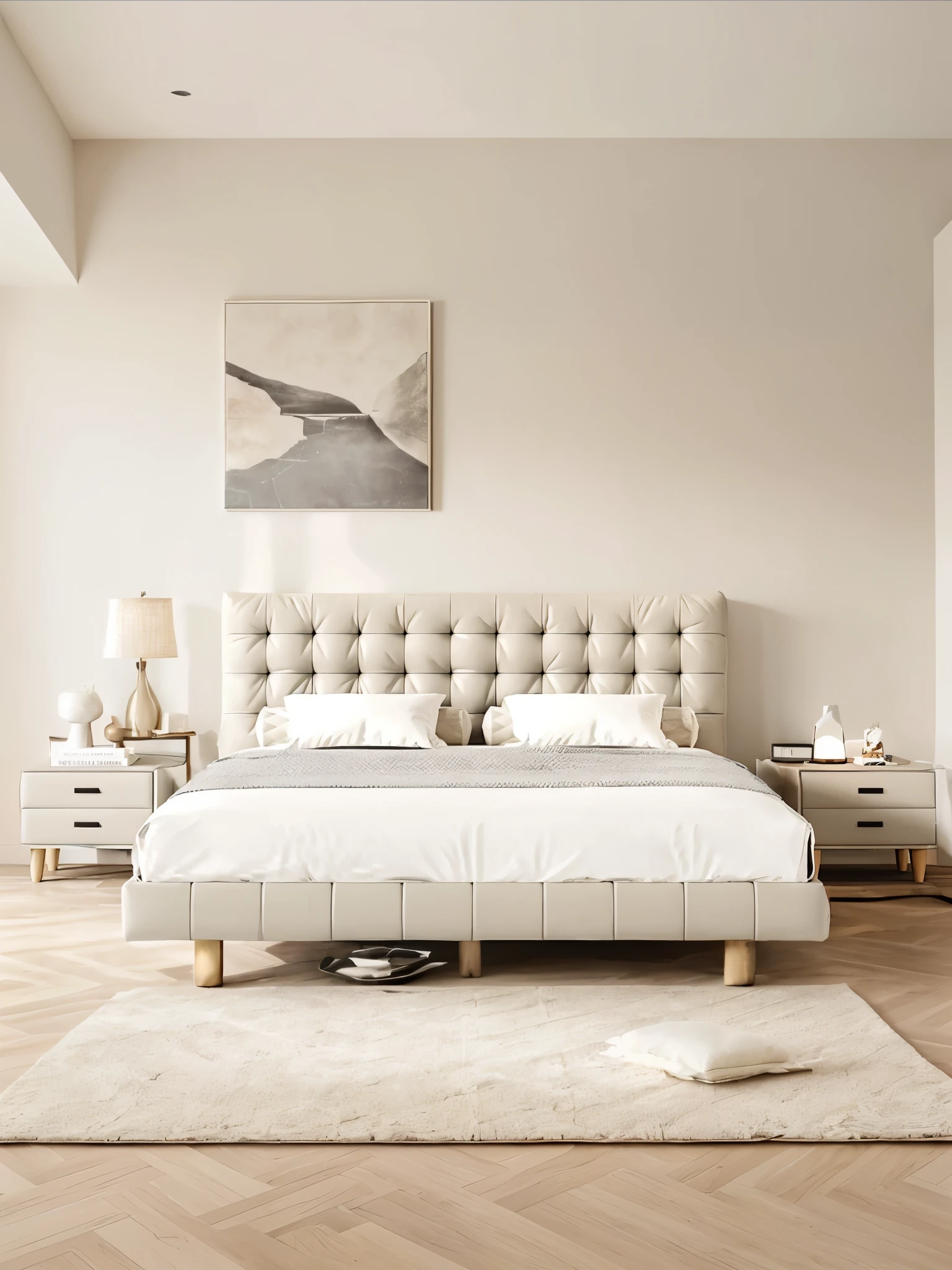 there is a floor with a white headboard and a white rug, Softly tufted, floor is not made, white floor, un made floor, Cream Room, floor on the right, floor room, floor, the best, Beige and dark colors, serene floorroom setting, small floor not made, large comfy floor, Highly photographic rendering, Hyper-realistic rendering details