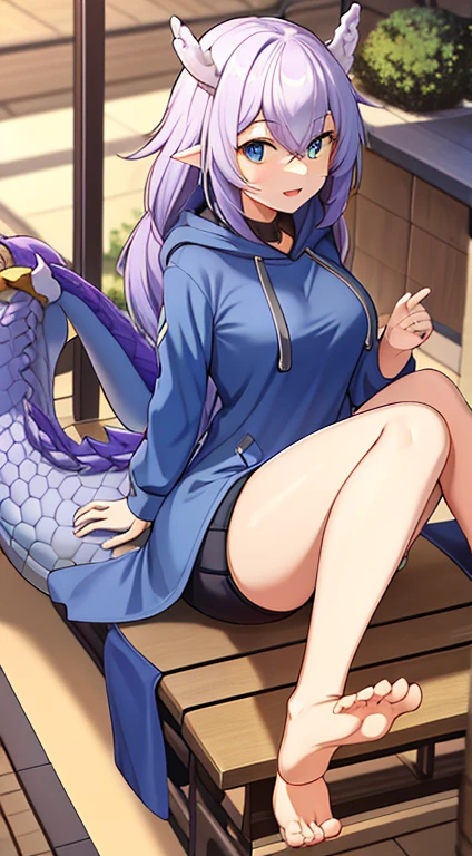 1 beautiful girl in a long hoodie,tmasterpiece,8K,Half realistic,4K,RTX,Shaders,brilliant texture work, sitting, thights, legs, thick legs, knees up, thick dragon tail, large breasts