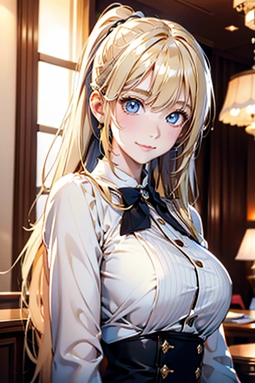 Portrait、、Bright expression、ponytail、Young, shiny, white, glossy skin、Gloss Face、Shining Cheek Gloss、Small Face Beauty、The best beauty、The dazzling light of blonde hair、Bright blonde hair with dazzling highlights、Very beautiful shiny light blonde hair、super long silky straight hair、Her shiny, beautiful bangs are covering her eyes.、Sparkling, clear, attractive, bright, large, pale blue eyes、Very big eyes、eyeliner、very beautiful lovely cute 16 year old girl、Ample Bust, full body , smile , (((hotel staff costume ))) , 