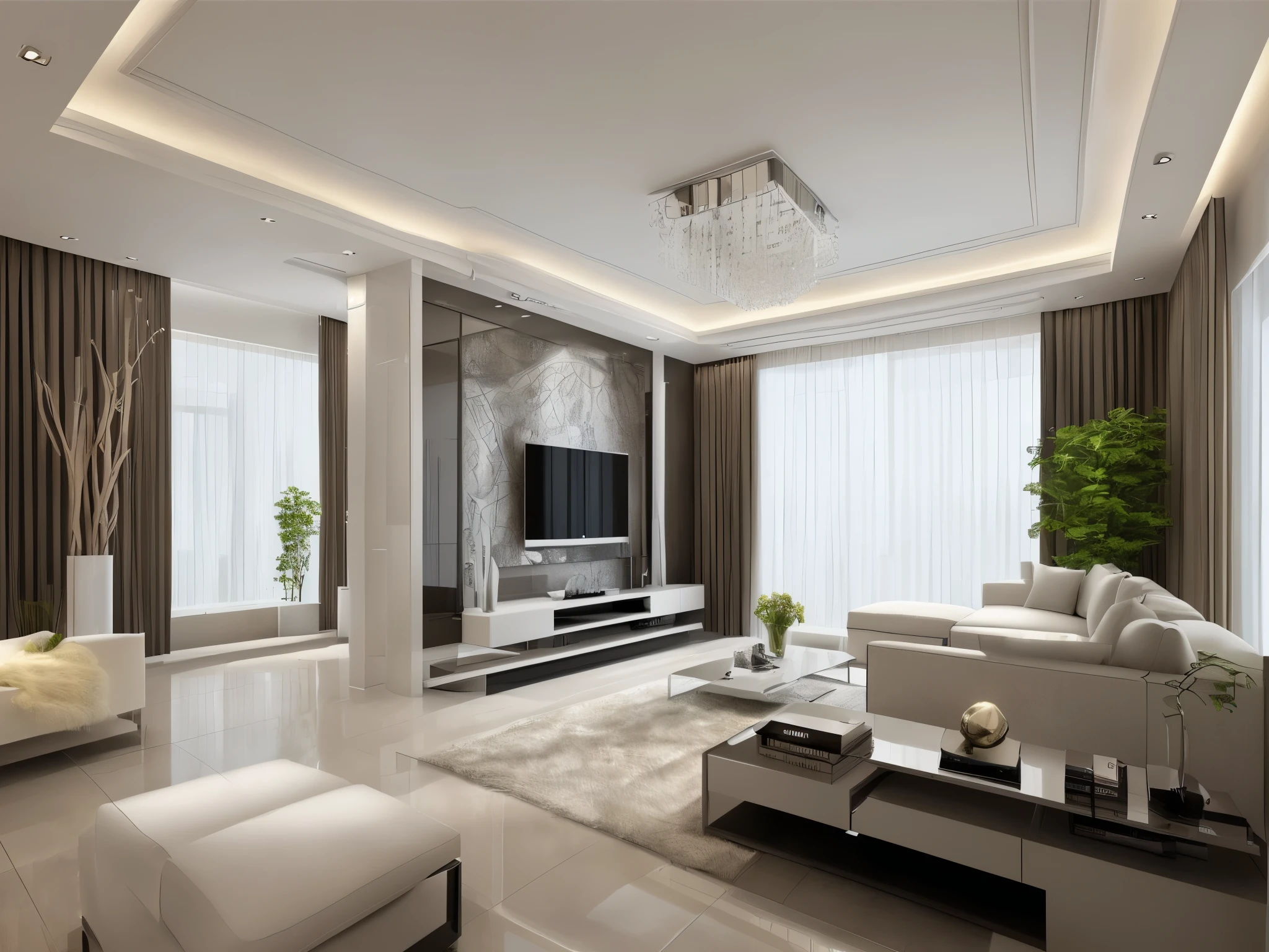 Best quality，masterpiece，Interior design，unmanned，modern style，living room，coffee table，sofa，TV cabinet，Advanced Plants，curtain，daytime，Sunlight