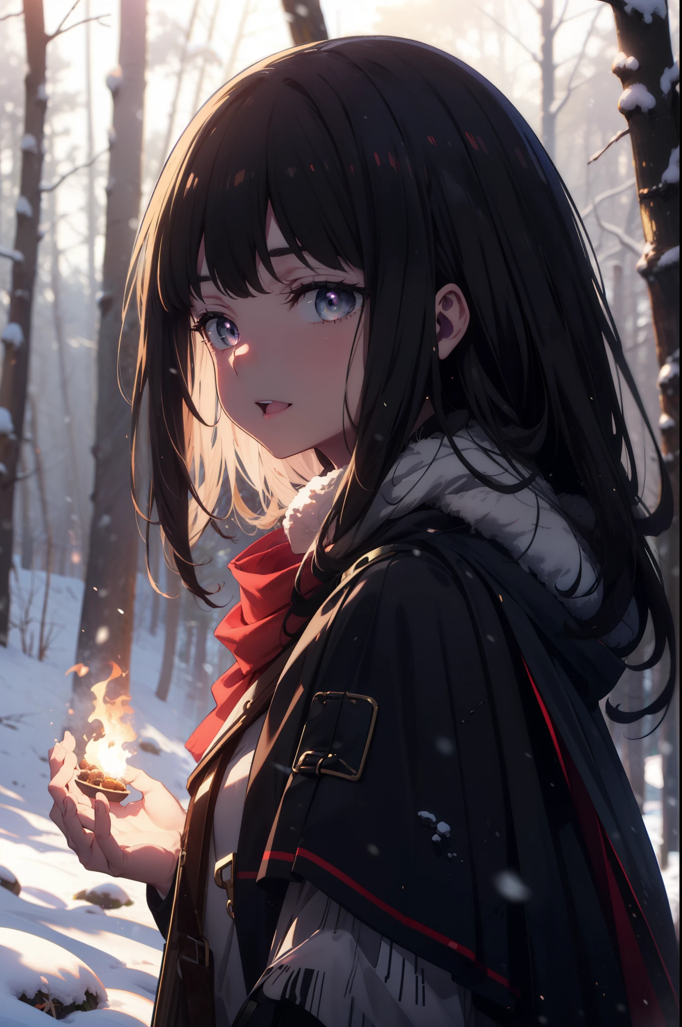 Takiuchi, Inoue Check, Long Hair, bangs, Black Hair, (Purple eyes:1.2),smile,
Open your mouth,snow, fire, Outdoor, boots, snowing, From the side, wood, suitcase, Cape, Blurred, forest,  nature, Squat,  Cape, winter, Written boundary depth, Black shoes, red Cape break looking at viewer, Upper Body, whole body, break Outdoor, forest, nature, break (masterpiece:1.2), highest quality, High resolution, unity 8k wallpaper, (shape:0.8), (Beautiful and beautiful eyes:1.6), Highly detailed face, Perfect lighting, Highly detailed CG, (Perfect hands, Perfect Anatomy),
