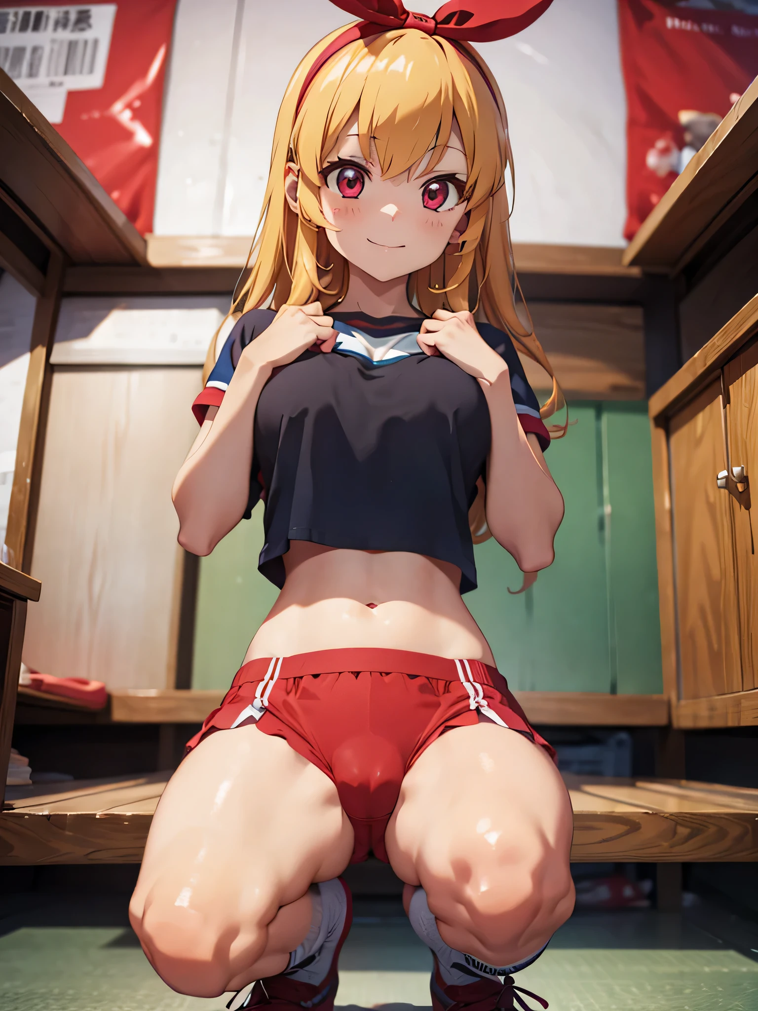 anime cg, highresolution, cute , smile, trainingroom, (RED Ribbon on HAIRband:1.2),Blonde hair, pink gradient sports wear, pink gradient highleg gymwear, squatting,(pointy_groin,underboob,from below)