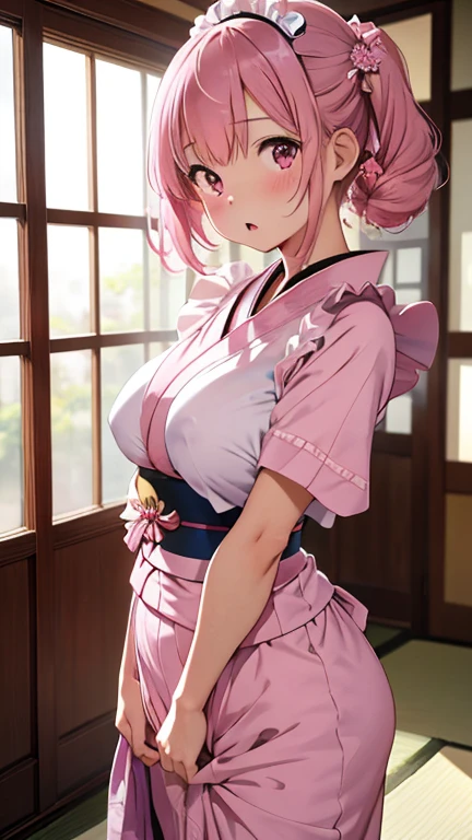 masterpiece、highest quality、Very detailed、Photograph the upper body、1 female、(Put your arms behind your back:1.2)、Are standing、Turn your body forward、View your viewers、(pink Japanese kimono maid)、break,blush、shy、Pink Hair、Open your mouth、Japanese-style room、Big Breasts、