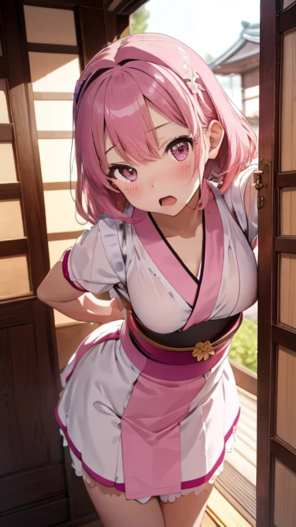 masterpiece、highest quality、Very detailed、Photograph the upper body、1 female、(Put your arms behind your back:1.2)、Are standing、Turn your body forward、View your viewers、(pink Japanese kimono maid)、break,blush、shy、Pink Hair、Open your mouth、Japanese-style room、Big Breasts、
