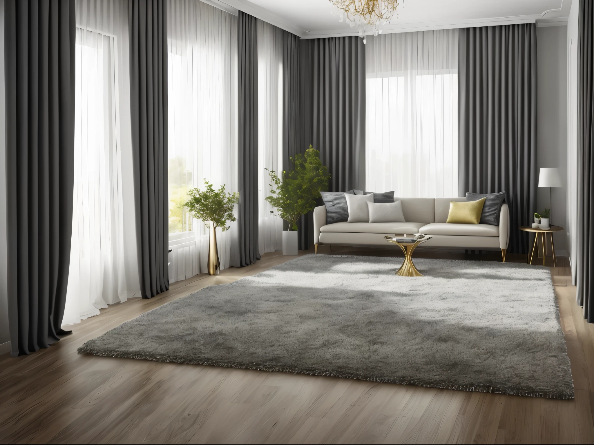 Best quality，masterpiece，Interior design，living room，unmanned，There is a door on the left，window，curtain，modern style，Advanced Plants，curtain，carpet，sofa，coffee table，daytime，Sunlight