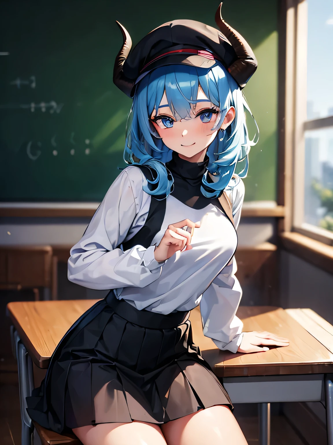 (masterpiece, best quality:1.4), 8k, messy light Blue Hair and Black and Red Ram Horns Young adult blue eyes Medium chest smiling teasing in the Classroom wearing a turtleneck and Black Skirt and Hat (detailed eyes and face, sharp pupils, realistic pupils:0.6)