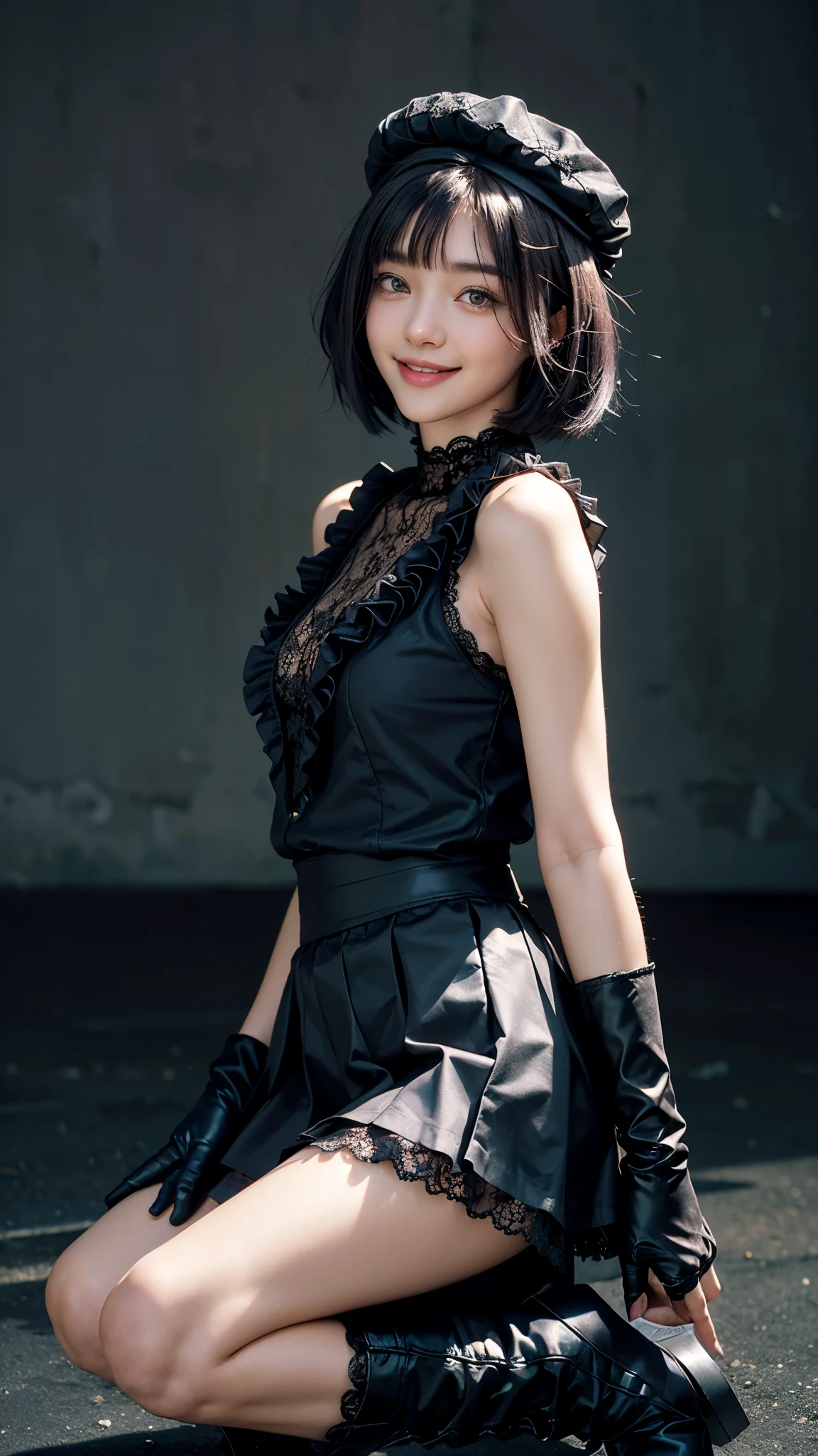 highest quality, masterpiece, Ultra-high resolution, (Realistic:1.4), (Portraiture) RAW Photos, 1 girl,22 years old((Detailed face)),(((座ったPortraiture)),((Random Background)),((Smiling with teeth showing)),((Big smile)),((Black boots and black lace gloves)),((Black sleeveless top with frill lace)),((Black Long Skirt)),((Short bob cut blue-purple hair)),((Cap Chestnut)),((Short bangs)),Realistic,Image Media Chest)),