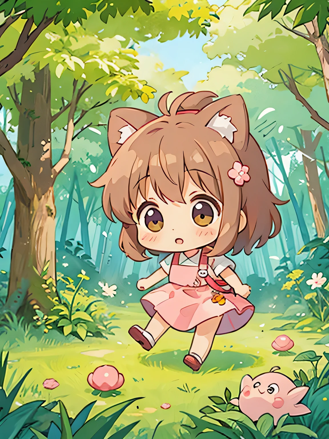 Momoko Sakura style, Kawaii Design, Chibi, playing soccer, totoro Forest
