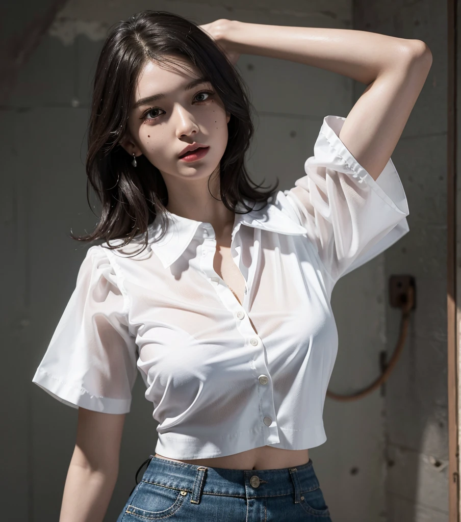 absurdres, RAW photo, extremely delicate and beautiful, masterpiece, Best Quality, ultra high resolution, 32k, hyperrealistic, ultra-detailed, perfect anatomy, anatomically correct, perfect figure, super Detailed skin, pale skin, 20 years old, very Slim body, narrow waist, very small head, very small face, delicate facial features, detailed face, detailed eyes, tearful mole, earring, thin legs, bare legs, ((very huge round breasts)), short medium hair, ((wavy hair)), wet clothes, ((alone)), ((collared white shirt)), ((cowgirl costume)), vest, cowboy hat, fingerless gloves, midriff, neckerchief, shorts, ((holster)),