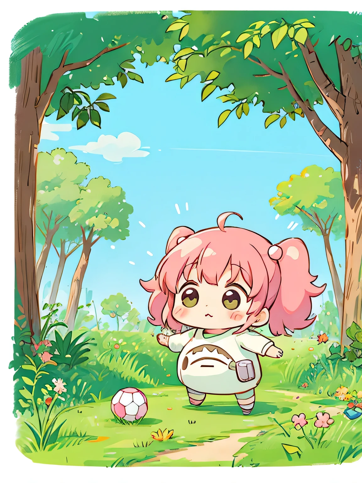 Momoko Sakura style, Kawaii Design, Chibi, playing soccer, totoro Forest
