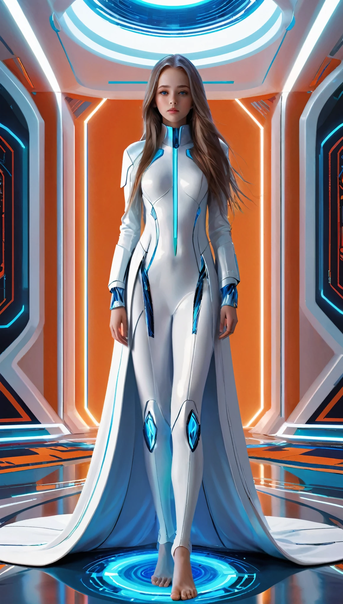 A barefoot futuristic girl standing silently on a carpet, captivating eyes, porcelain skin, long flowing hair, (futuristic outfit:1.1, sleek attire), (graceful movement), (bright and vibrant colors), (futuristic bedroom ), (digital art:1.1, digital illustration), (high resolution, ultra-detailed:1.2), (photorealistic:1.37, realistic rendering).