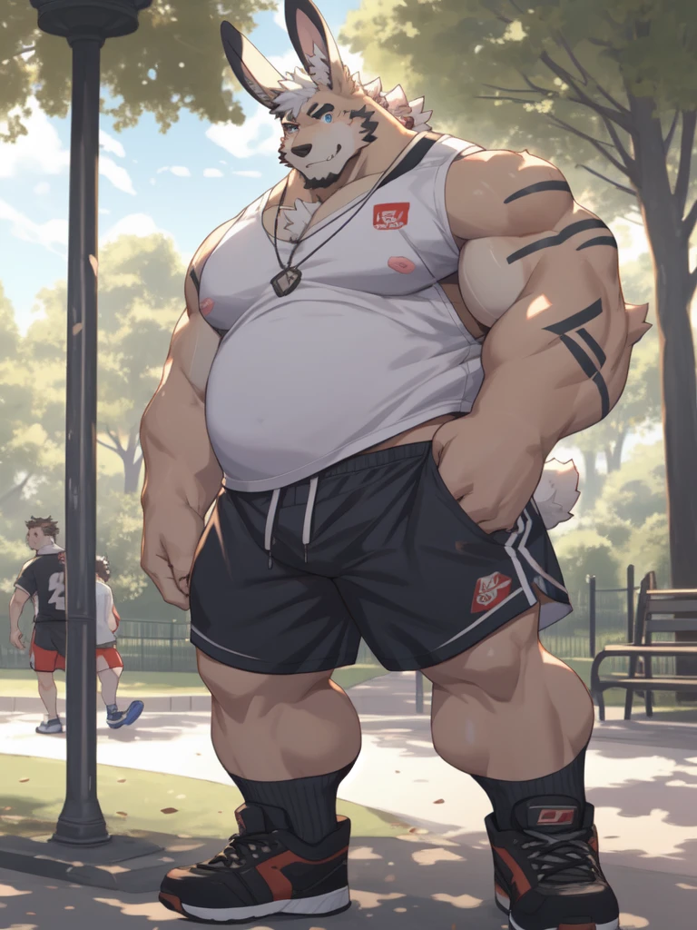 A chubby anthropomorphic bunny with body hair wearing a tight pair of short gymshorts and tight cropped tanktop at a park, by littleblackalas