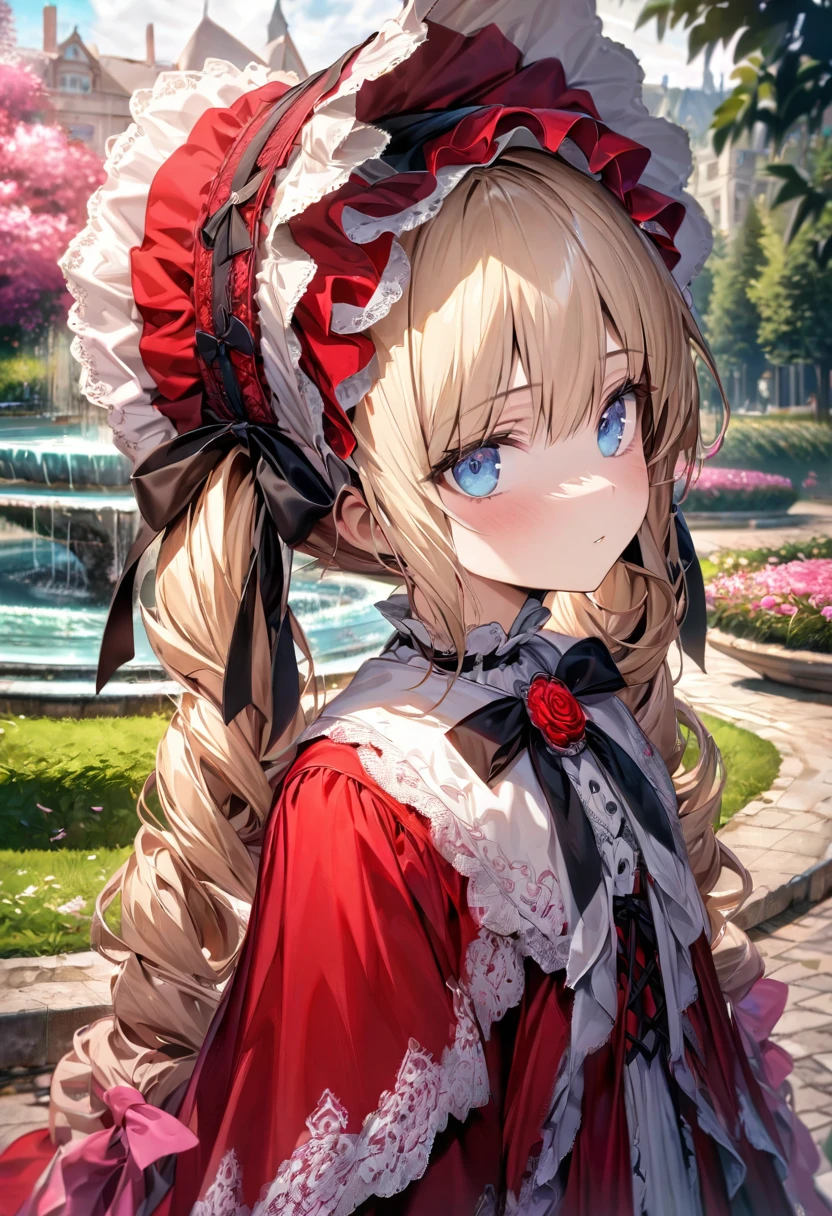 absurdres, highres, ultra detailed, HDR, master piece, ultra detailed picture, extremely detailed face and eyes, Shinku, light blonde hair kept in two twin tails tied at the back of her head, expressive blue eyes, Rozen Maiden, solo, woman, extremely beautiful, pink flowers, park, fountain, pink trees, pink butterflies, she wears a red gown with a matching shawl and bonnet as accessories, her bonnet is fastened with a black ribbon, which is tied into a bow at her neck and held in place with a red rose brooch