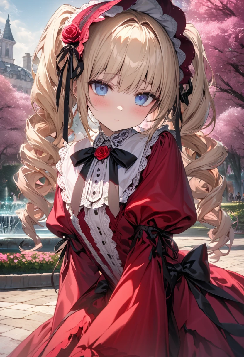 absurdres, highres, ultra detailed, HDR, master piece, ultra detailed picture, extremely detailed face and eyes, Shinku, light blonde hair kept in two twin tails tied at the back of her head, expressive blue eyes, Rozen Maiden, solo, woman, extremely beautiful, pink flowers, park, fountain, pink trees, pink butterflies, she wears a red gown with a matching shawl and bonnet as accessories, her bonnet is fastened with a black ribbon, which is tied into a bow at her neck and held in place with a red rose brooch