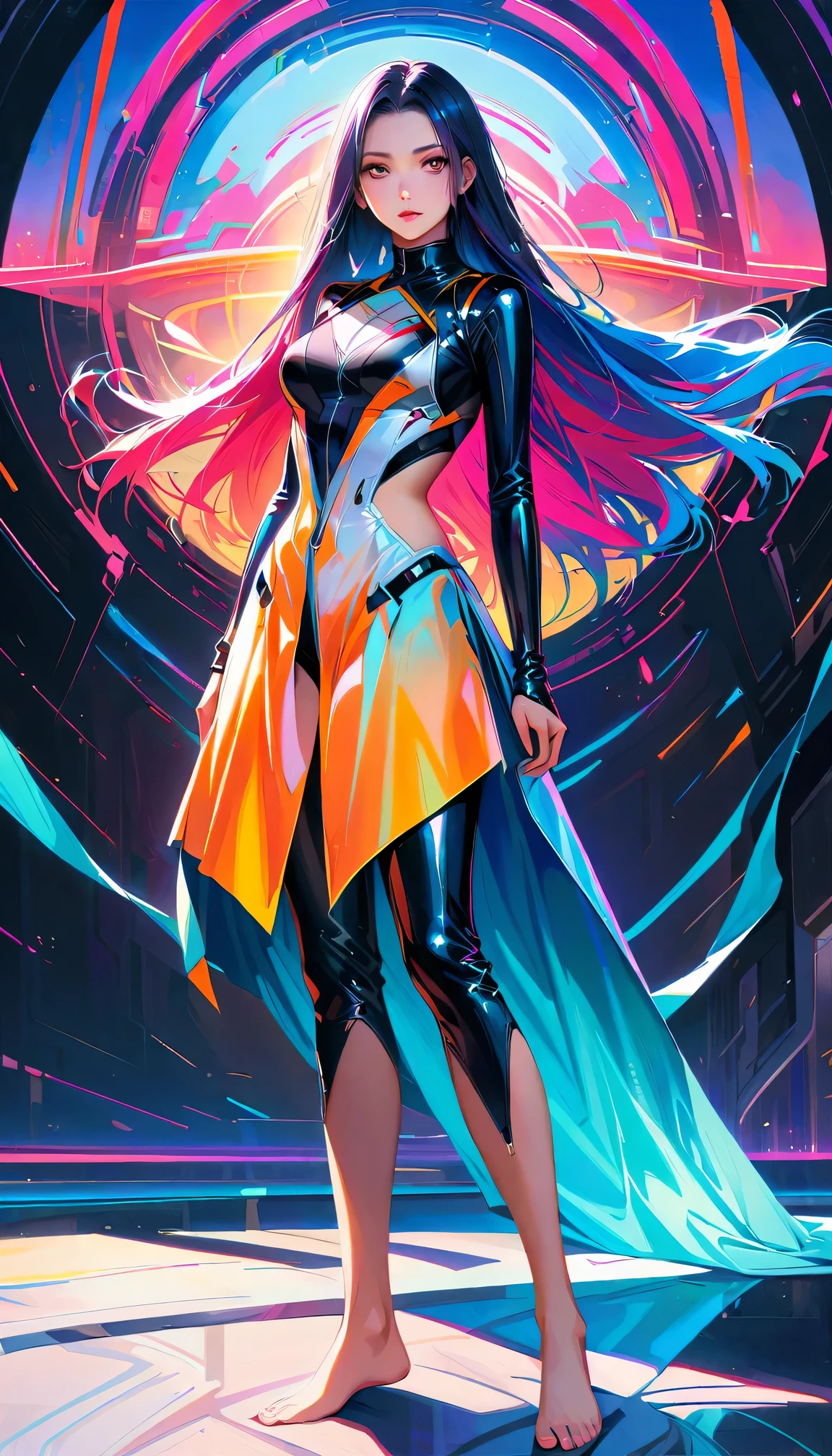 A barefoot futuristic girl standing silently on a carpet, captivating eyes, porcelain skin, long flowing hair, (futuristic outfit:1.1, sleek attire),  (bright and vibrant colors), (futuristic bedroom ), (digital art:1.1, digital illustration), (high resolution, ultra-detailed:1.2), (photorealistic:1.37, realistic rendering).