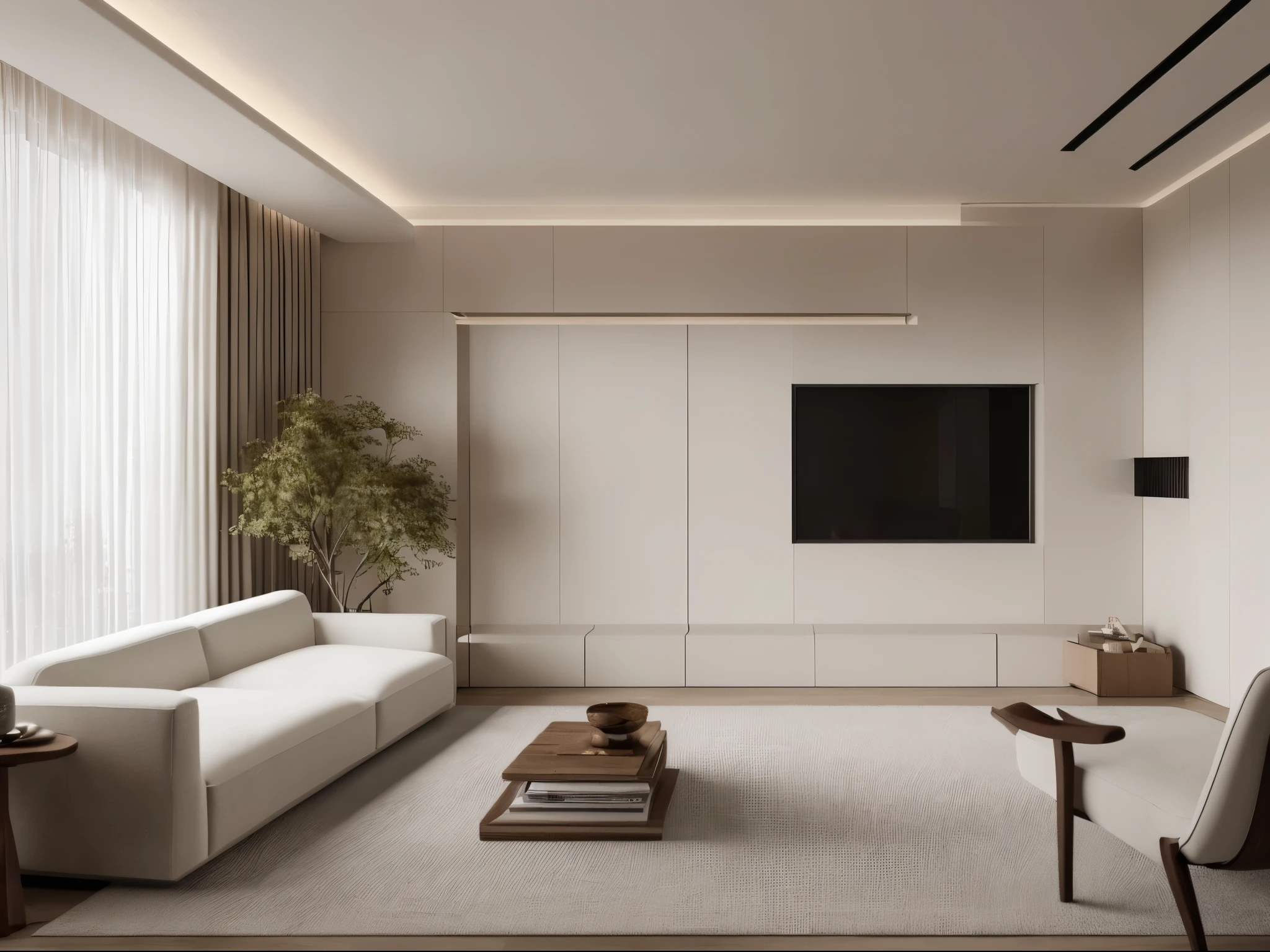 Best quality，masterpiece，Interior design，unmanned，Cream Style，living room，coffee table，sofa，TV cabinet，Advanced Plants，curtain，daytime，Sunlight