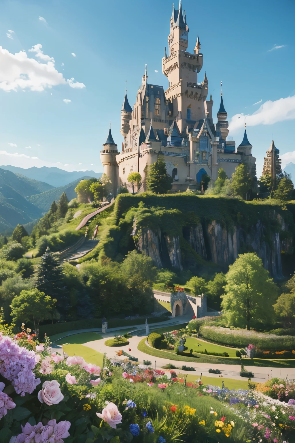 Dream Castle，Close-up of the castle，Lots of flowers in the foreground, Magic Castle school on a hill, Beautiful castle, Magic Castle, Medieval fantasy town, Castle Background, fairytale place, Beautiful and detailed fantasy, Fairy tale style background, Fantasy Very Detailed, Beautiful fairy tale, Feiyun Castle, Fantasy painting，Lovely