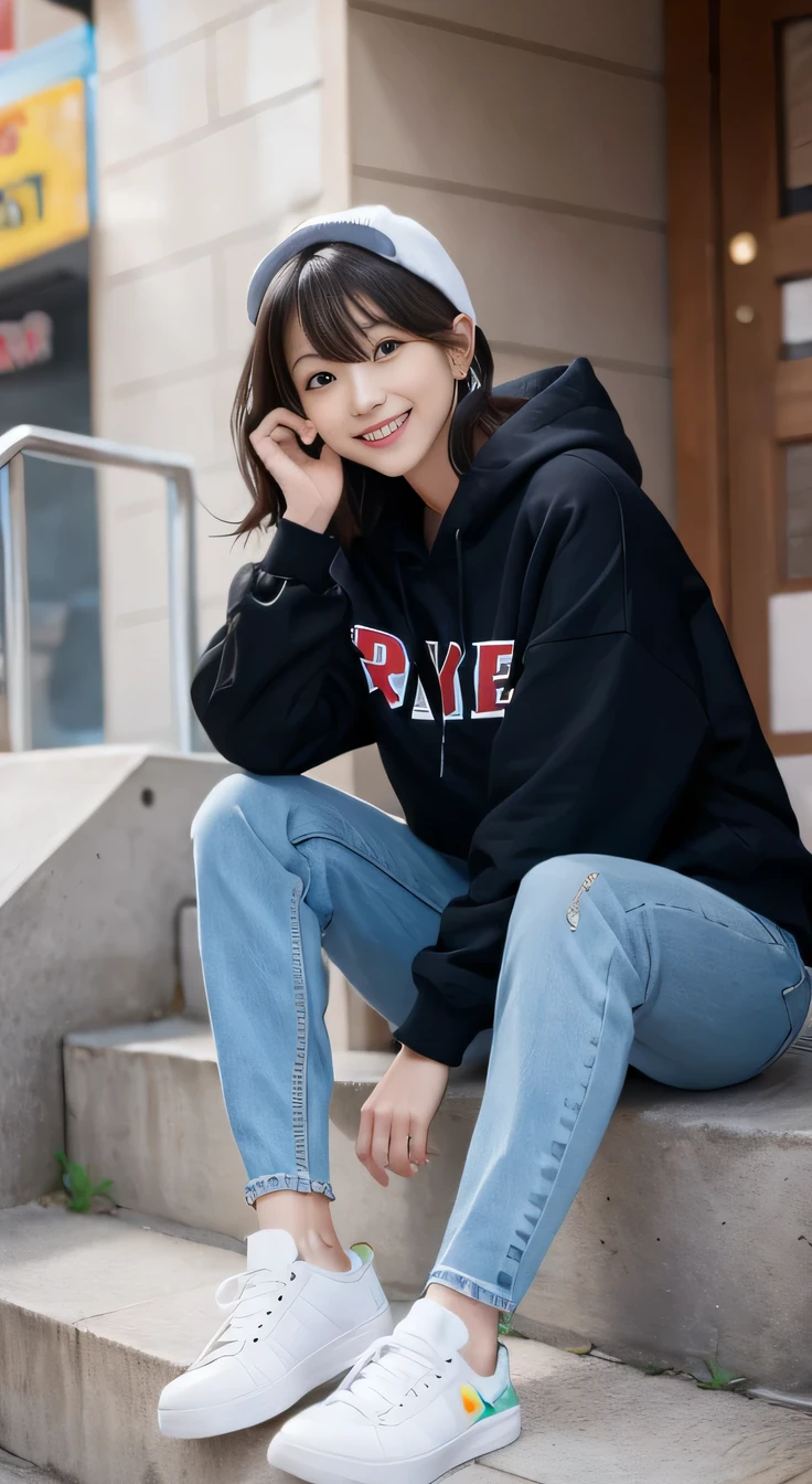 highest quality, Realistic, Very detailed, Finer details, High resolution, 8k wallpaper, One beautiful woman,Sit on the stairs、smile、（Colorful socks）、 Oversized hoodie, Skinny jeans,（ Black sneakers）、Black Hair、 Beautiful Bangs、ear piercing、Perfect dynamic composition, Beautiful and detailed, Full Body Shot, A big smile waiting to start