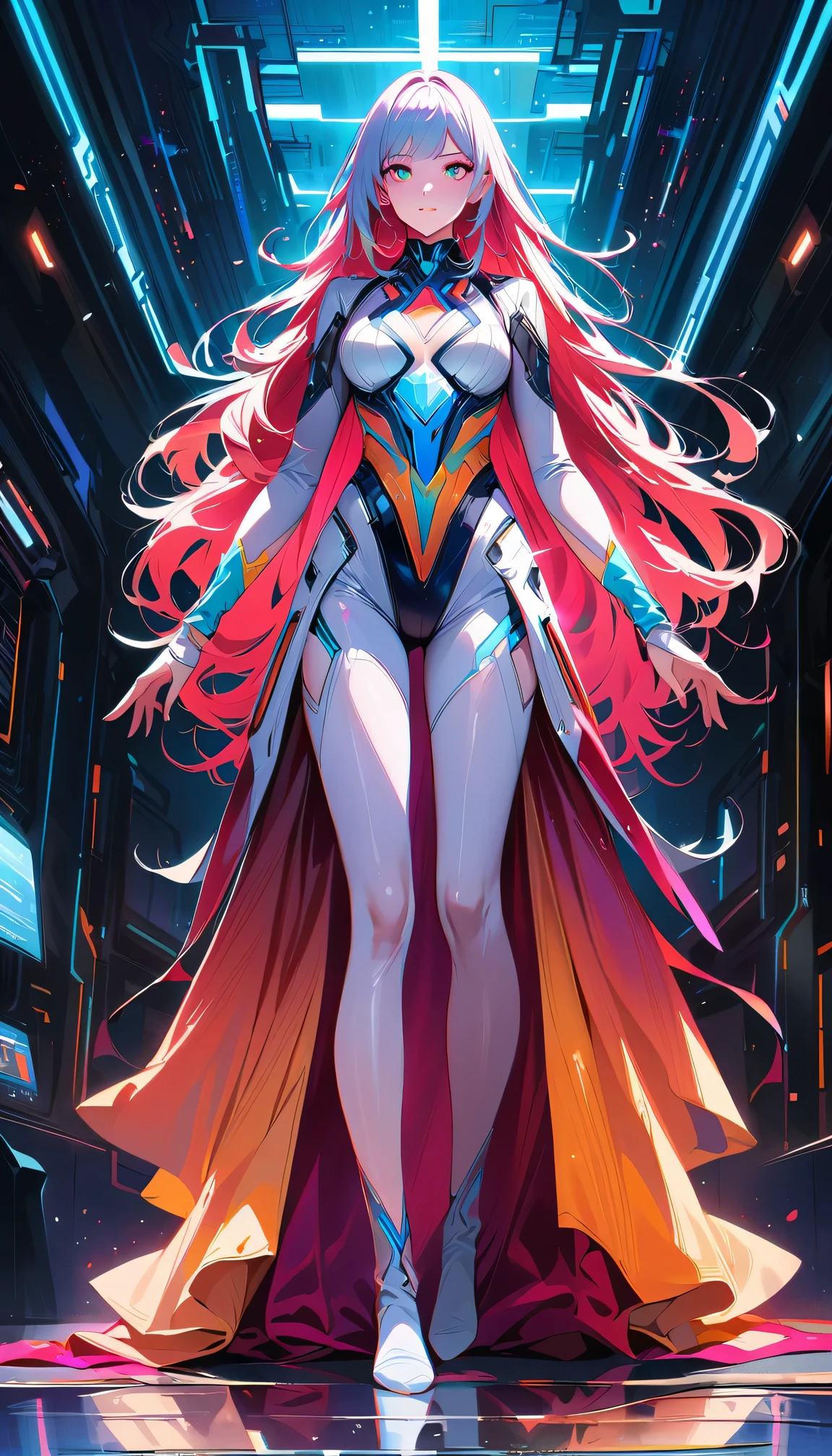 A barefoot futuristic girl standing silently on a carpet, captivating eyes, porcelain skin, long flowing hair, (futuristic outfit:1.1, sleek attire), (bright and vibrant colors), (futuristic bedroom ), (digital art:1.1, digital illustration), (high resolution, ultra-detailed:1.2), (photorealistic:1.37, realistic rendering).